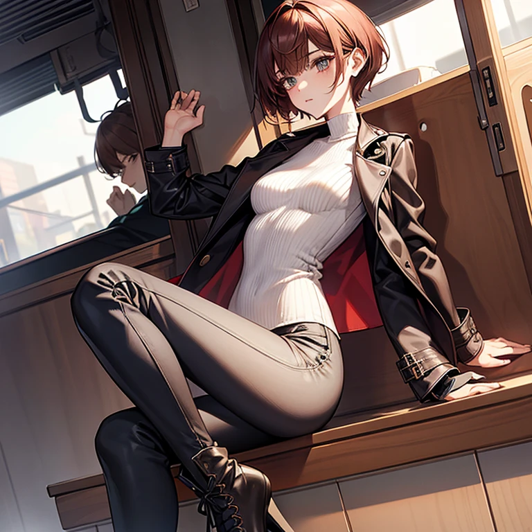 masterpiece、Subtle details、Korean women、Beautiful nape、1 adult female、Sophisticated、By city tram、Slender beauty、delicate、Body like a model、Cut and sew、Knitwear with a high neck、leather jacket、Riders jacket、Low Rise Skinny Pants、expensive、stylish、Small breasts、Sharp eyes、Cool Beauty、sister、Pixie Cut、The hair tips are cut、Short nape、hair that has lost volume、Platform boots、Reddish brown hair、