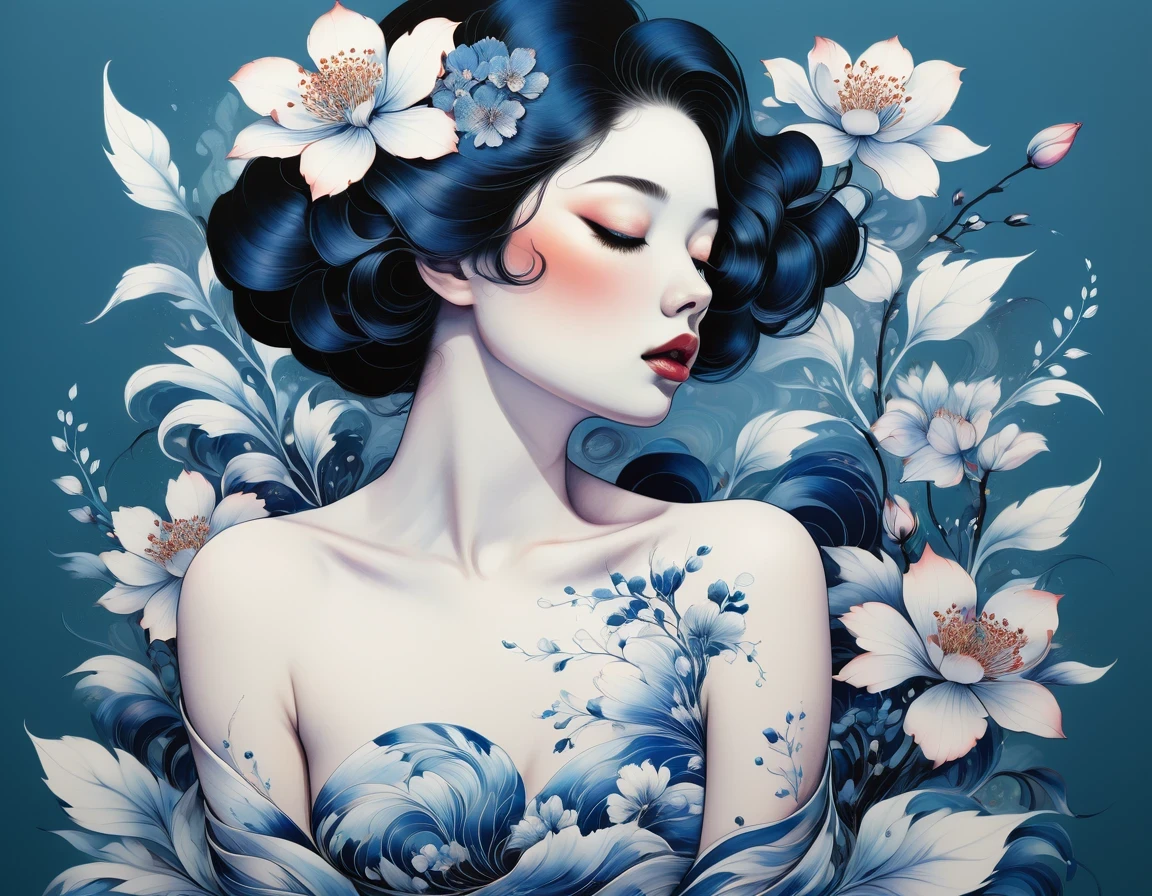 chiaroscuro technique on sensual illustration of an elegant , retro and vintage ,silky flower around body, matte painting, by Hannah Dale, by Harumi Hironaka, extremely soft colors, vibrant, pastel, highly detailed, digital artwork, high contrast, dramatic, Blue and white porcelain