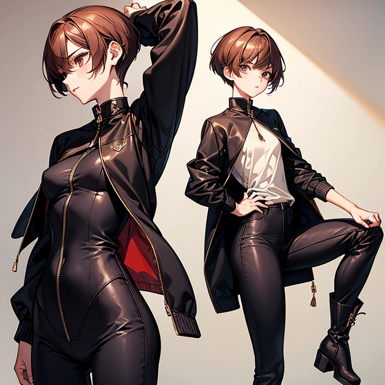 masterpiece、Subtle details、Slender beauty、expensive、slim、I like that style、Small breasts、Sharp eyes、sister、Pixie Cut、Short nape、Oversized zip-up jacket、Tight skinny pants、Platform boots、Reddish brown hair、