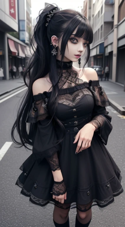 (full body Portraiture, full body shot, Dress Lift:1.6),(8k, highest quality: 1.2), Very detailed, thorough solution, (reality的な, reality的な photo: 1.37), Portraiture, High resolution RAW color photograph, arrested on the job, High resolution and beautiful, High resolution, 8ก Image Wallpaper, Amazing details, Large file size, Very detailed美しい女の子, Very detailed face, (Super beautiful eyes:1.8), the nose has the correct shape., expressive lips,、(Key Light：Front 45 degree angle, Subsidy Light、Backlight、Shadow、Blue and orange color palette), Accurate human body、Knowledgeable person、Correct five-finger、RAW Photos、4K - ultra-vivid、highest quality, masterpiece, 超High resolution, (reality: 1.4),1 girl, Purple eyes, Very detailed肌,curve,(Covered nipples:0.8),Beautiful breasts,Small breasts,Pale skin,Pointed Chest,Erect nipples,(Ultra Fine Hair),(Super soft hair),(ponytail),Long, flowing bangs,Very light coppery amber hair,Hair above one eye,very thin body,Smart abs,(Off-the-shoulder lace dress:1.5), Cinema Lighting、purple and black hair、(Goth Makeup: 1.4)、(Earrings、Earrings）,1 pair of GGX heels,City of night,Are standing