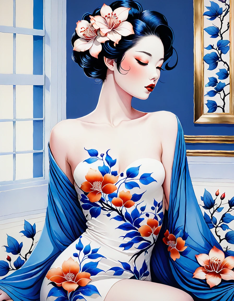 chiaroscuro technique on sensual illustration of an elegant , retro and vintage ,silky flower around body, matte painting, by Hannah Dale, by Harumi Hironaka, extremely soft colors, vibrant, pastel, highly detailed, digital artwork, high contrast, dramatic, Blue and white porcelain