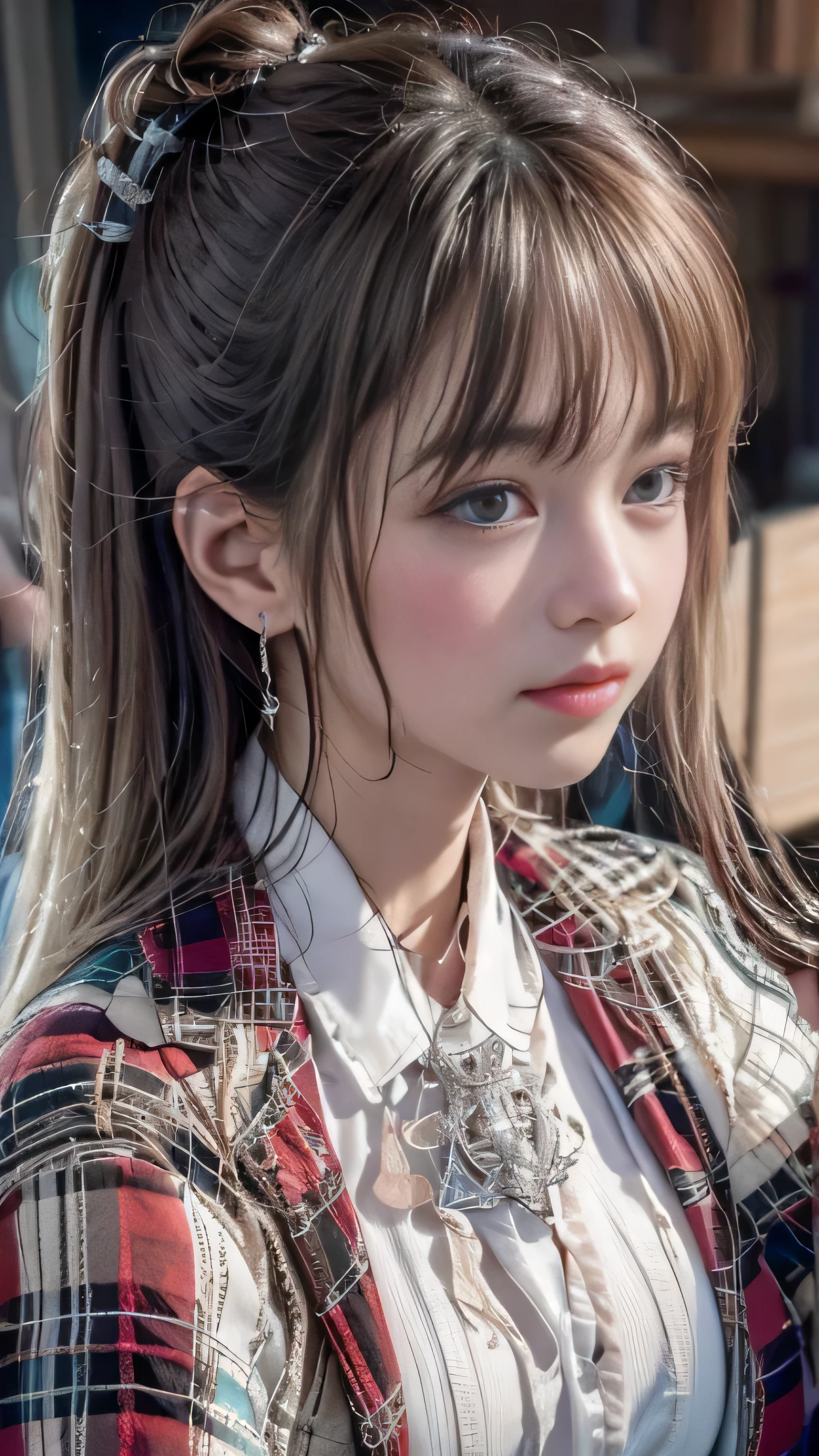 Realistic, High resolution, Soft Light,1 female, alone, jewelry, Current school classroom，Biggest eyes，Low chest, Long Hair、((color々hair with color)）(Super realistic)、(Awareness-raising)、(High resolution)、(8k)、(very get used to it)、(Best illustrations)、(Beautiful and beautiful eyes)、(highest quality),（Detailed face）、alone、1 girl、Looking at the audience、Get used to it、Detailed face、In the dark night、Deep Shadow、secret key、Pure erotic face ace_、length、Black shawl straight hair、46 point diagonal bangs,Female student、(White Blazer、Chest Emblem)、Translucent white blouse、Red bow tie、( In bright colors,Plaid)、,8k, highest quality, 超High resolution, Tabletop, Realistic, Realistic, High Contrast, Photon Mapping, The real picture, smile