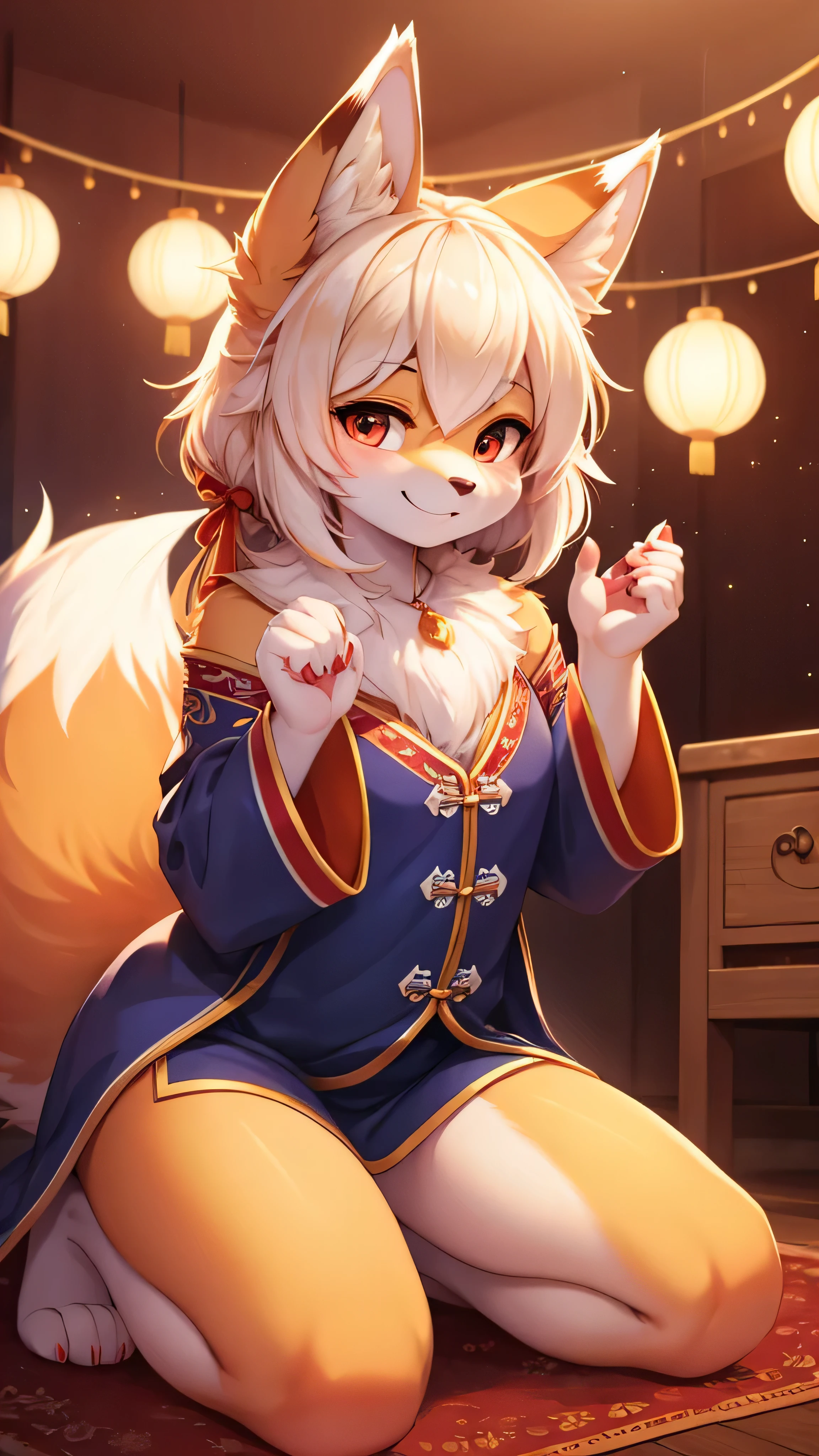 (best quality,4K,high resolution),Fluffy,White fur,Cute face,Red accents on fur,Chest,Beautiful Lights,Ambient Light,Extremely fine fur,Volumetric Lighting,fox,Chinese,Kneeling,Smile,Watching you,fox nose,paw,Paw pads,Sparkles on clothes,flame.