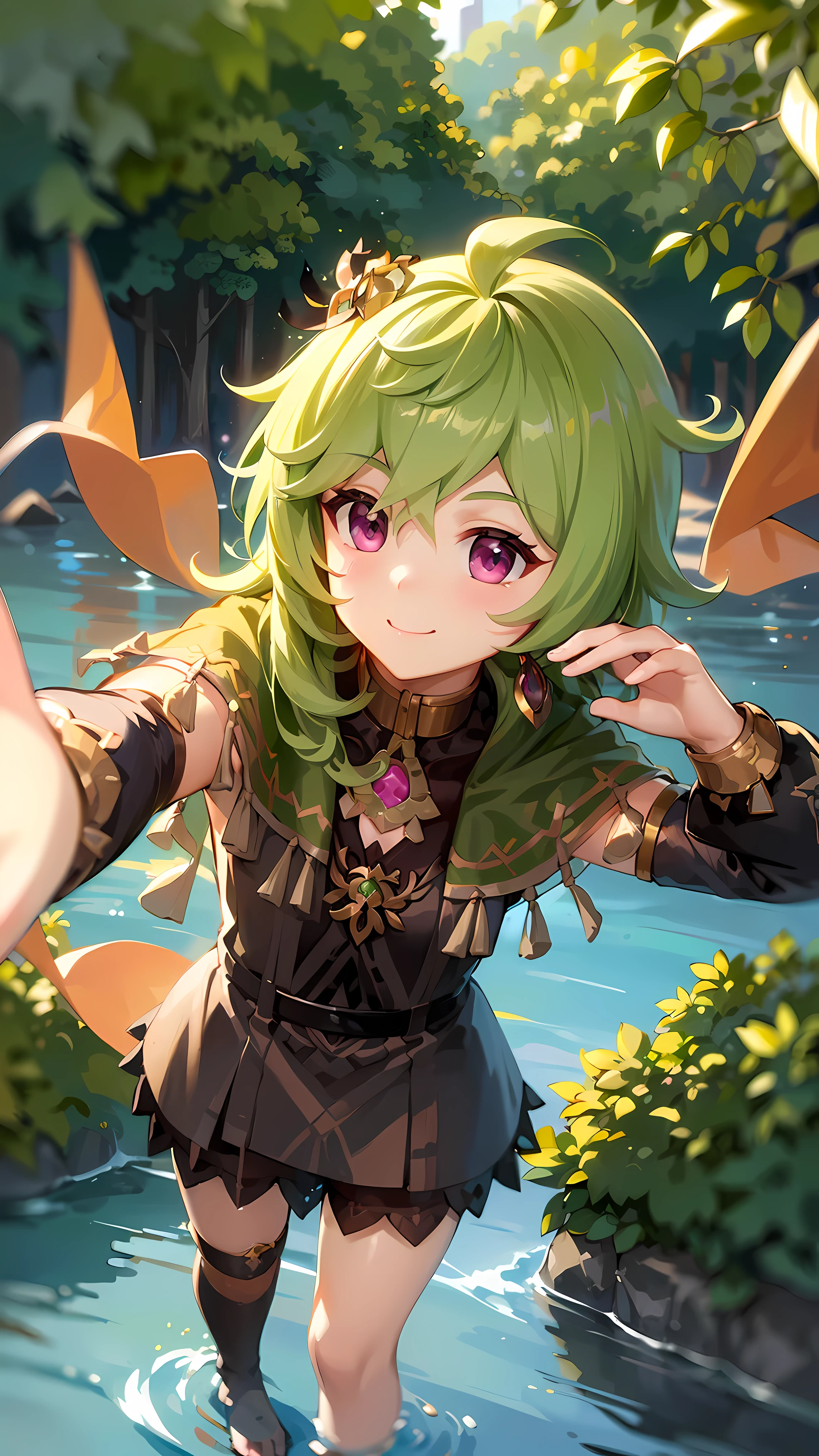 ((masterpiece,highest quality)), Super detailed, Shine, shine light, Ray Tracing, (Perfect Face, Detailed face, Fine grain, Perfect hands, Perfect Fingers:1.5), hd, Super cute face, highest quality, Super detailed, Shine eyes highest quality realistic illustration）,（Super fine）,（Cute illustrations：1.3）,（High chroma：1.3）,Beautiful detailed face and eyes,Highly detailed background,Dynamic lighting,（Very delicate and beautiful）,（Nice hands） ,Perfect hands:1.4),(proper posture),(Proper Configuration),Ideal body proportions, Highly detailed illustration,Super cute and beautiful,highest quality,slender,,,cute,cute,,, One girl, Green Hair, Knee socks, Purple eyes, GREEN Capelet, BROWN Knee socks, Capelet, hair ornaments, Ahoge,BLACK dress, Long sleeve, dress, smile, (Turn around to look at your audience), From above,Dynamic Angle,, jungle, Water place (Complex background, There are many elements in the background:1.2),((Super detailed background)), ((8K wallpaper)),, Colorful background,, feet, sexy,
