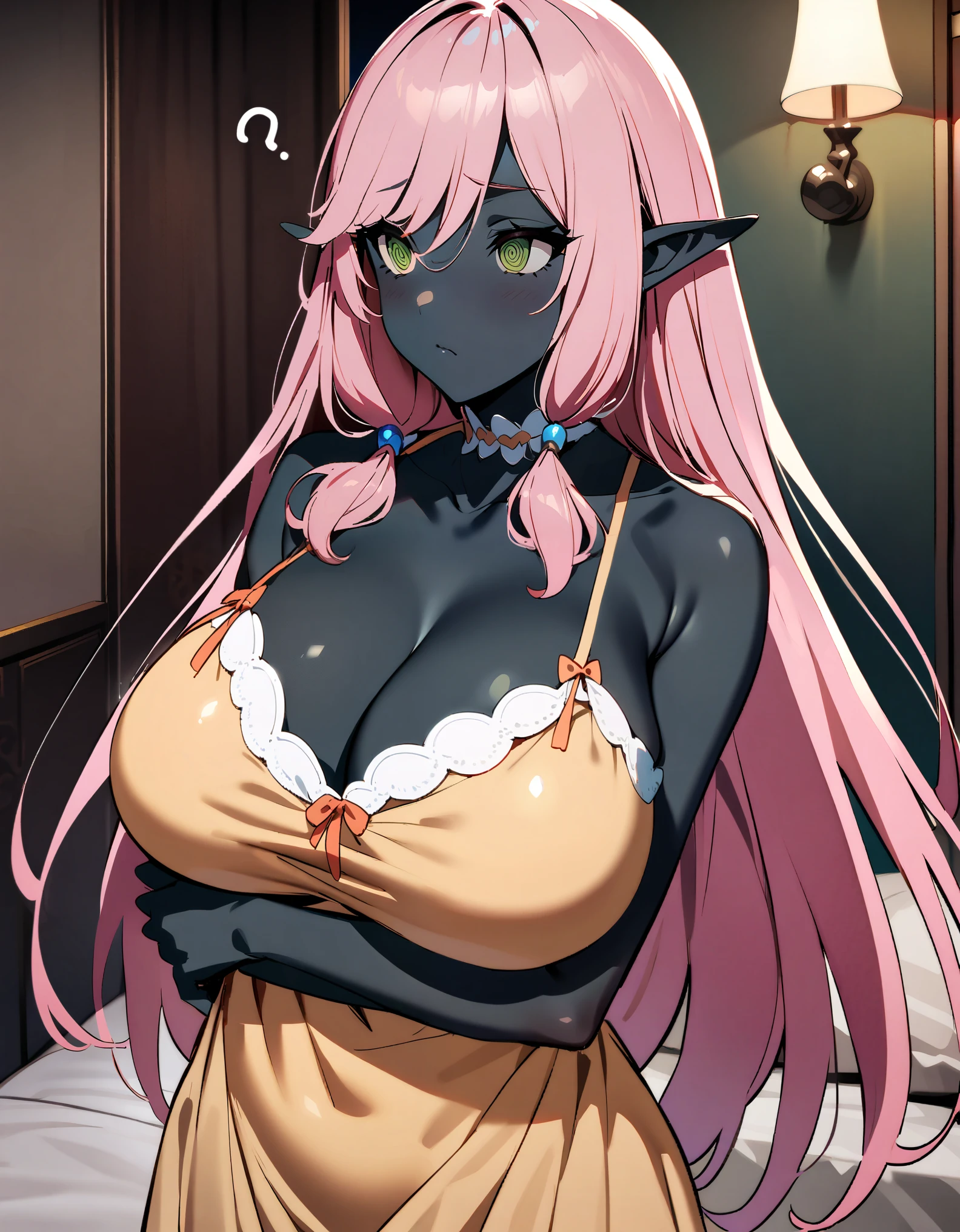 masterpiece, best quality, extremely detailed, 1girl, milf, solo, (dark skin, black skin:2), FlareArlgrande, (huge breasts:1.3), ((((pink hair), long hair, green eyes, pointy ears))), orange lips, (((choker, night gown, lingerie))), ((@_@, ?), closed mouth), ((hand on own stomach, bedroom)) 