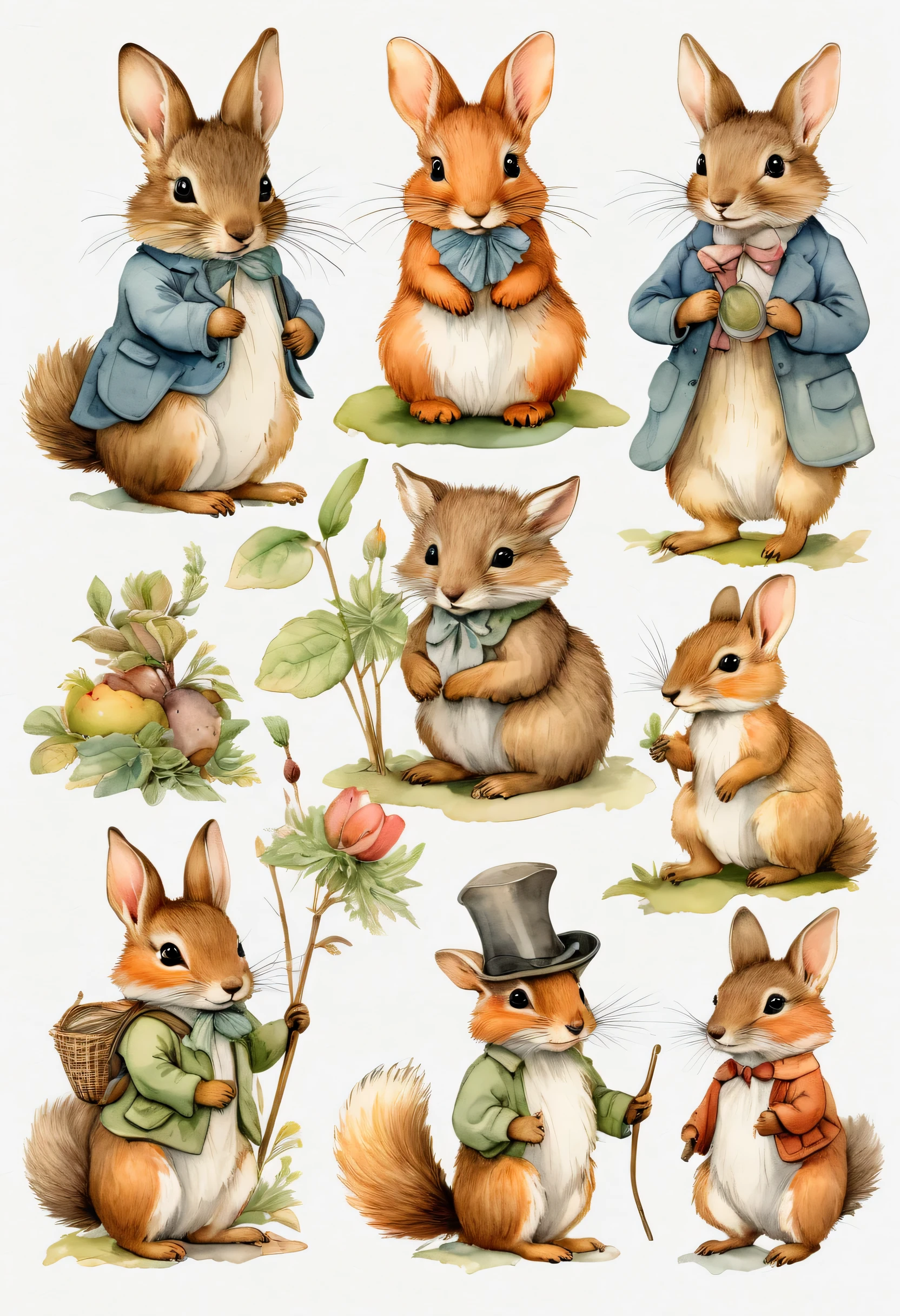 "Produce a visually captivating clip art sheet reminiscent of Beatrix Potter's style, showcasing charming anthropomorphized furry woodland creatures. The artwork should exude a delicate watercolor effect with fine ink lines, ensuring high detail and resolution at 4K. Importantly, the clip art must maintain its integrity within the confines of the page borders, with no edges cut off, while being presented on a transparent background."