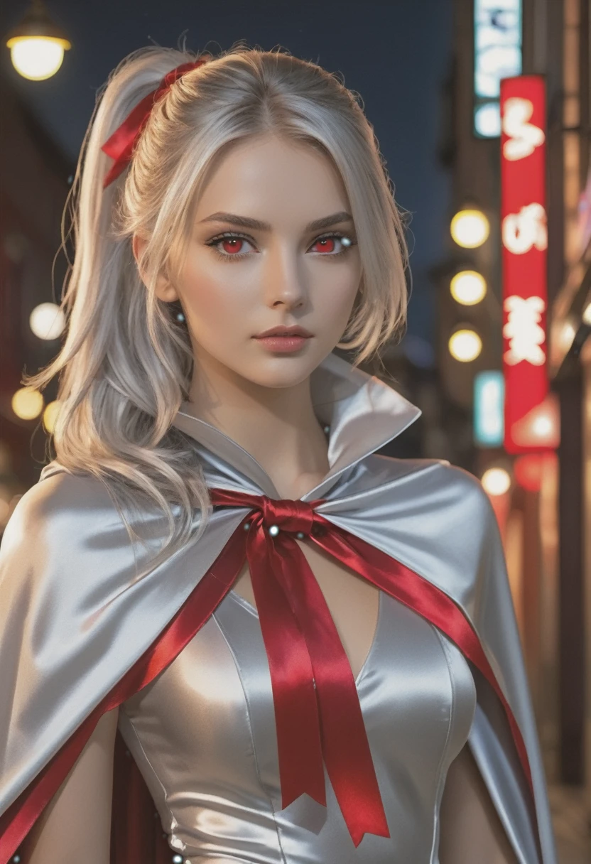(RAW Photo) , (highly detailed:1.20) , ultra realistic :1.10) ,sexy girl in her 20s , (perfect face:1.20) , (detailed red eyes:1.20) , with long silver hair in ponytail , (((long silver satin cape tied at the neck with a ribbon :1.20))) , naked , full body, walking down street at night , high-quality ultra realistic style, detailed eyes, professional, expressive , 8K , highly detailed , professional,
