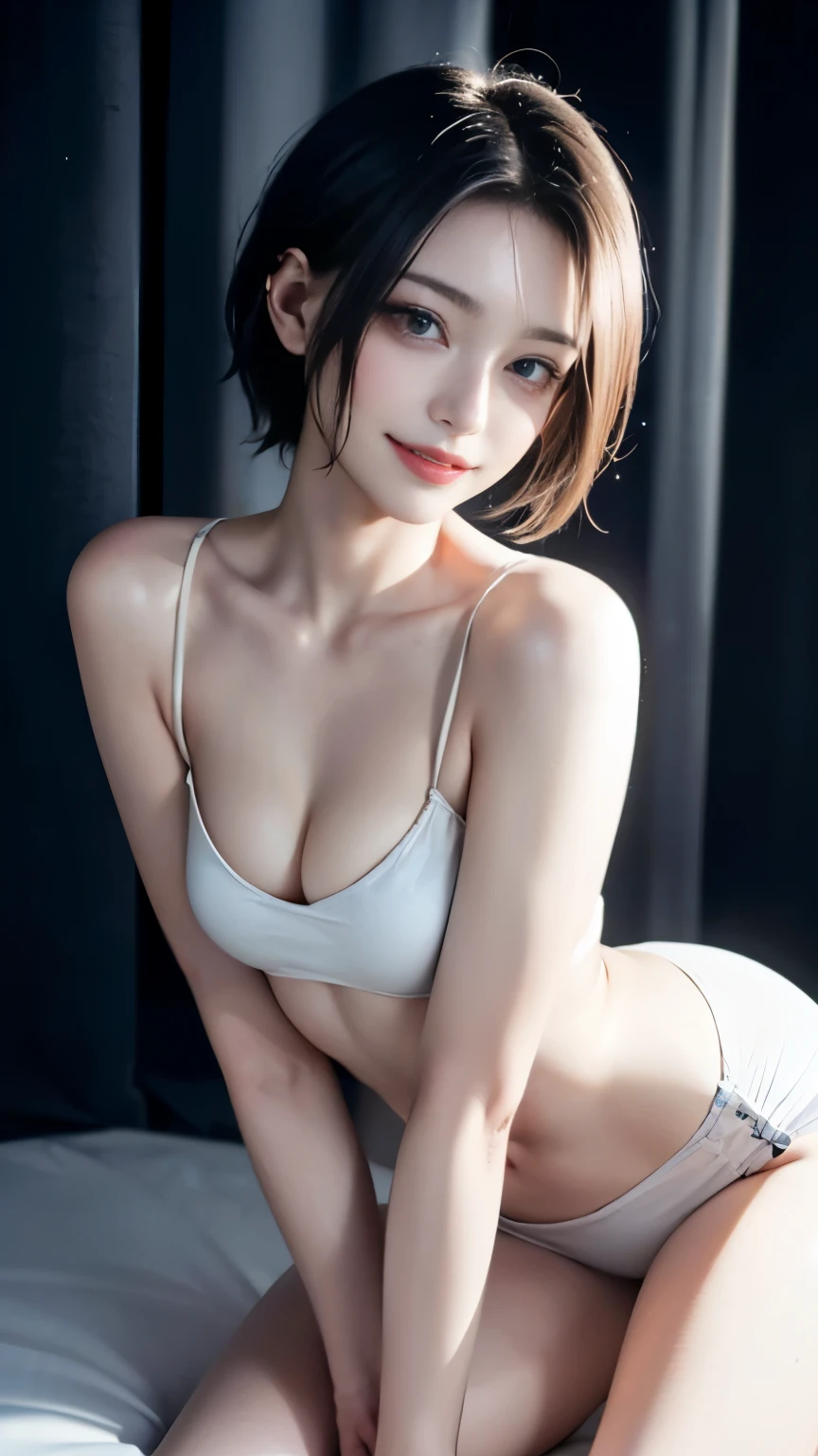 (masterpiece, highest quality, highest quality, Official Art, Beautiful and aesthetic:1.2), Cinematic lighting、(Key light at 45 degrees from the front,Orange fill light、Soft blue backlight、Strong shadows、Blue and orange color palette), Accurate human body、Detailed people、Correct five-finger、4K - ultra-vivid、highest quality, masterpiece, Ultra-high resolution, Detailed Background、The perfect background、(Little devil smile、mesugaki Smile:1.5),
((Oily skin,Sparkling Skin、Realistic skin texture、Detailed beautiful skin、Shiny skin、Slimy skin、Glowing Skin、Shiny skin)), White skin, Real human skin, (be familiar with), Oval Face, pore, Ultra-high resolution, (8K, RAW Photos, Realistic: 1.4), One Girl, slim, (Gentle, goddess-like eyes) happiness: 1.2), (Lip gloss, eyelash, Gloss Face, highest quality, Ultra-high resolution, wide lighting, Natural Shading)、(sexy), Absolute area、long beautiful thin legs、low length、(恍惚のsexyな笑顔の表情:0.8,) (Closed curtains、Dark, unlit room:1.5, night:1.8)、