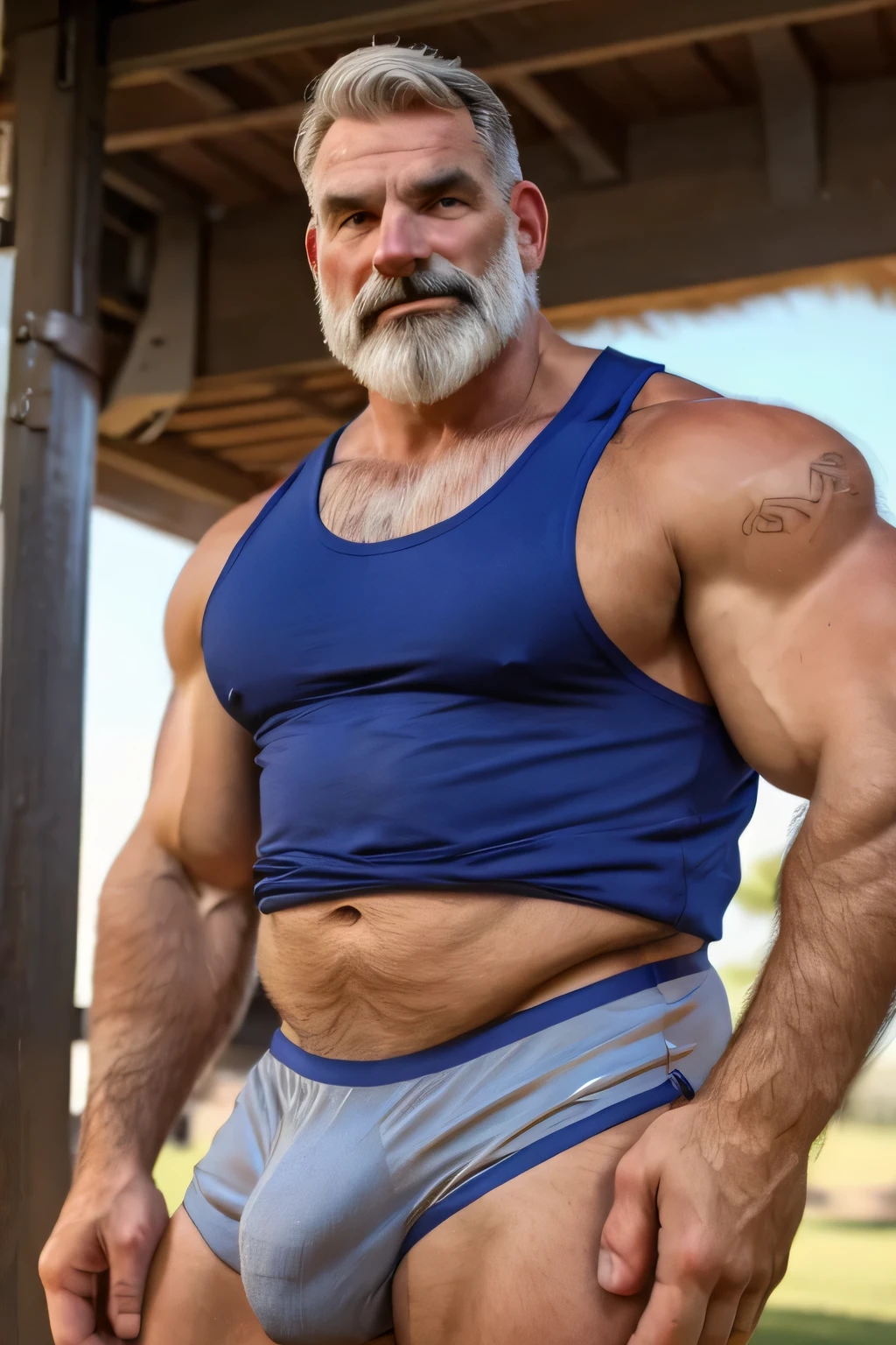 (handsome mature man), (50 yo), white man, wearing a tank top and sport shorts, bulge, (beefy:1.3), beard, looking at viewer, beautiful man, detailed eyes, symmetric face, smirk, robust, greying hair