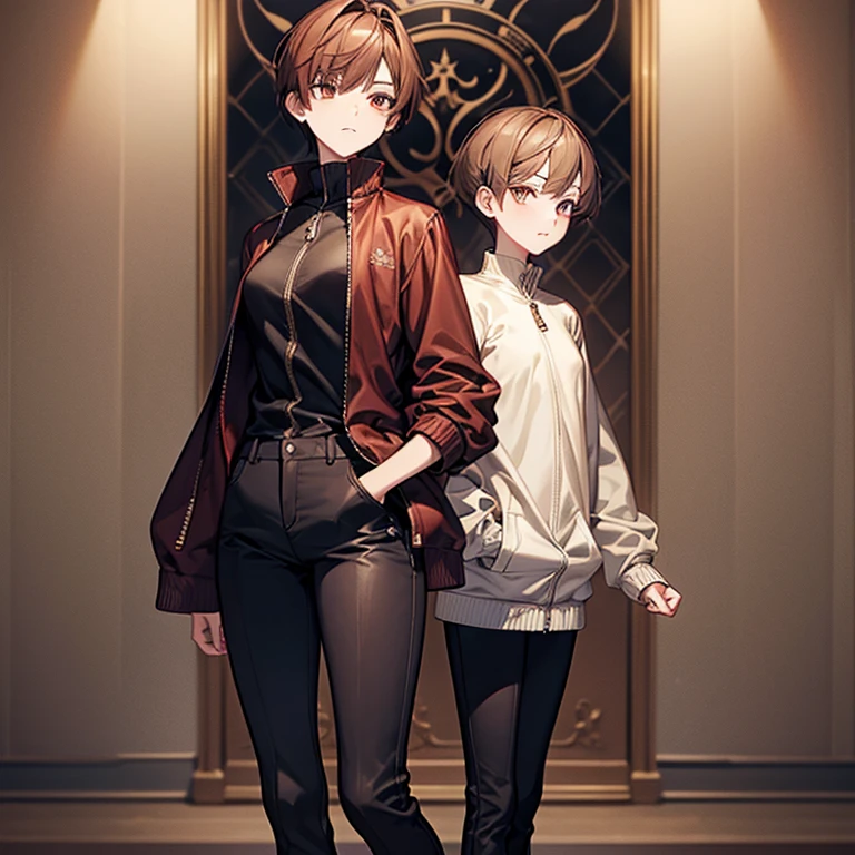 masterpiece、Subtle details、Slender beauty、expensive、slim、I like that style、Small breasts、Sharp eyes、younger sister、Pixie Cut、Short nape、Oversized zip-up jacket、Tight skinny pants、platform boots、Reddish brown hair、