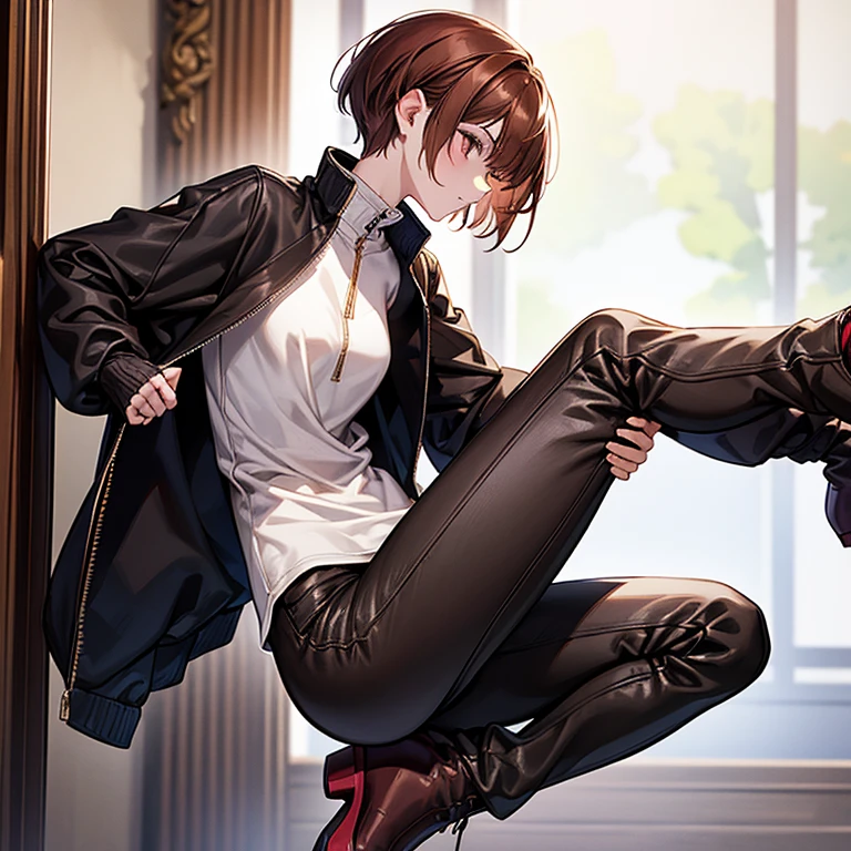 masterpiece、Subtle details、Slender beauty、expensive、slim、I like that style、Small breasts、Sharp eyes、younger sister、Pixie Cut、Short nape、Oversized zip-up jacket、Tight skinny pants、platform boots、Reddish brown hair、