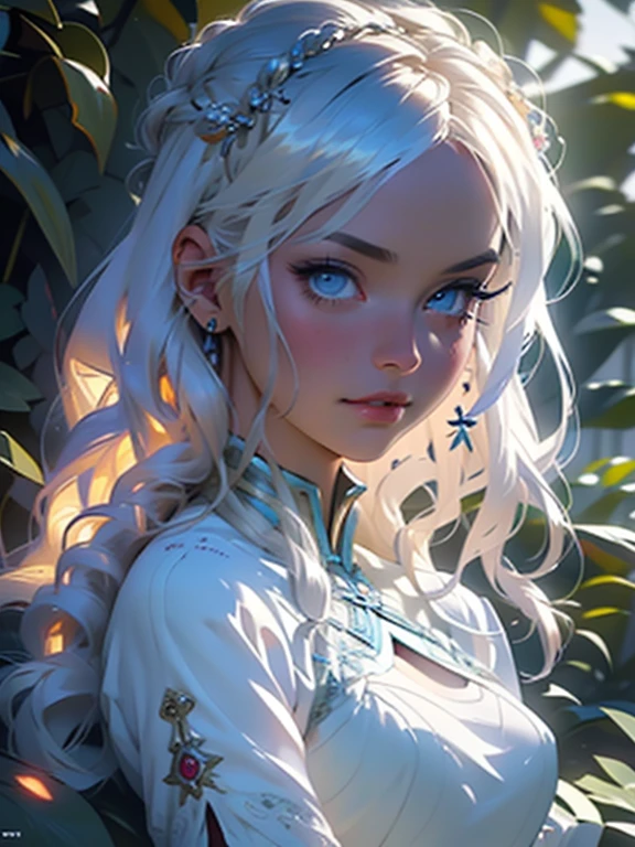 Russian Empire, Neon, garden, Flowers, Surrounded by flowers, 19th century, The girl is dressed in a silk ball gown of light colors of the 19th century with silver embroidery, gentle face, face similar to Daenerys', white wavy hair, Stunning blue eyes, large breasts, aristocrat, victorian style, realistic face, 8K, HD