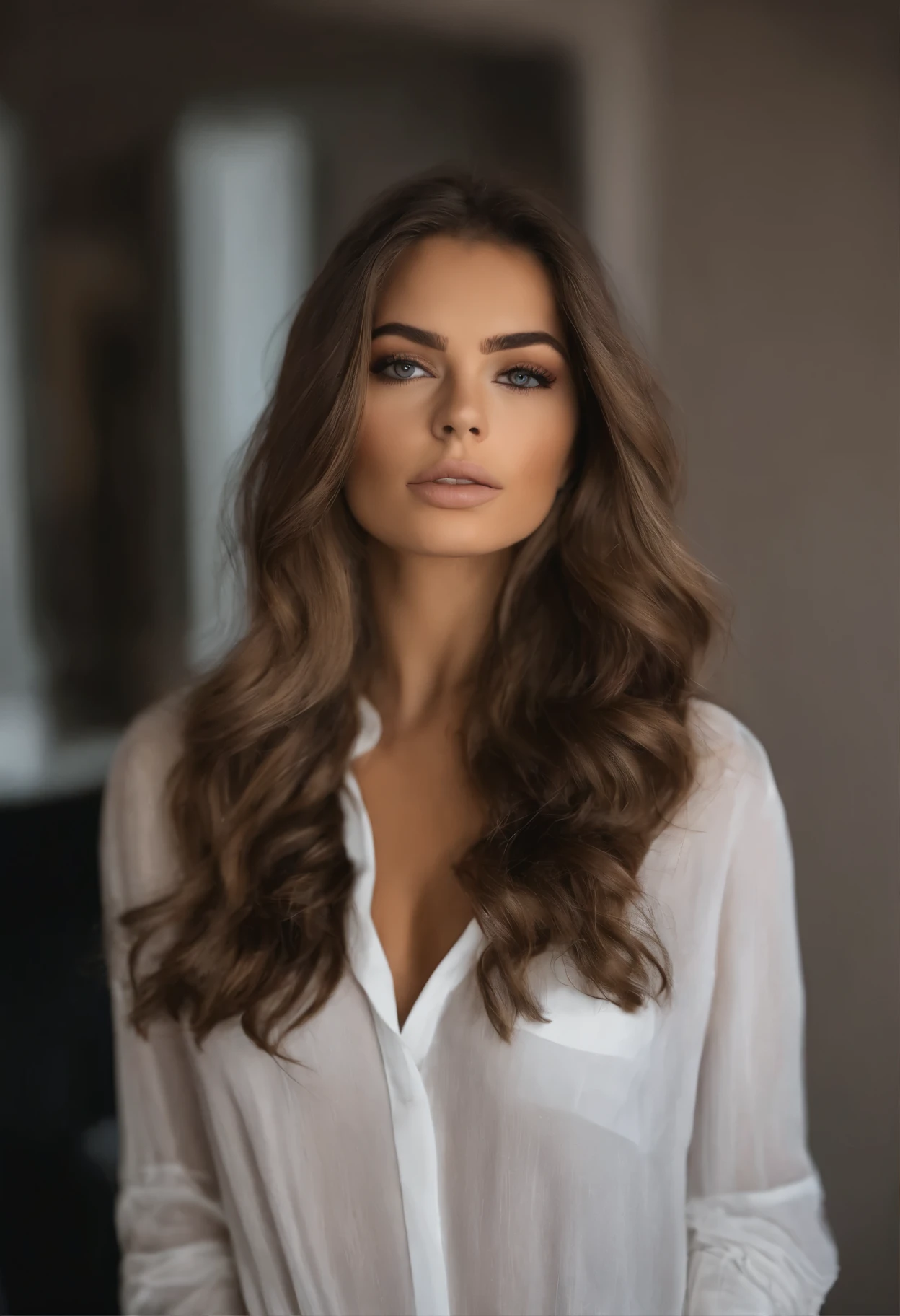 Linda mulher , Garota sexy com olhos Verdes, ""ultra realistic"", Meticulosamente detalhado, Retrato de Sophie Mudd, cabelos castanhos claros e olhos grandes, selfie de uma jovem, olhos do quarto, Violeta Myers, sem maquiagem, Maquiagem natural, looking directly at the camera, cara com artgram, maquiagem sutil, impressionante foto de corpo inteiro ajoelhado na cama, no quarto, medium to large bust