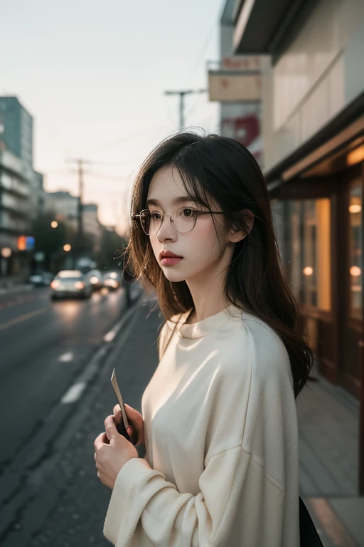 best quality,ultra-detailed,realistic:1.37,portrait,subtle colors,soft lighting,blurry background,loneliness,quiet environment,mobile phone use,reflection of light in glasses,thoughtful expression,slim figure,muted tones,vulnerable posture,urban setting,tall buildings,streetscape,sidewalks,dusk lighting,cool color temperature,emotionally charged atmosphere,gentle sunlight,calm mood,solo moment,abstracted background,subdued color palette,urban solitude,phone conversation,disconnect from surroundings,muted conversation,peaceful atmosphere,ethereal quality,melancholic tone,serene ambiance,isolated figure,urban tranquility,vintage filter,quiet streets.