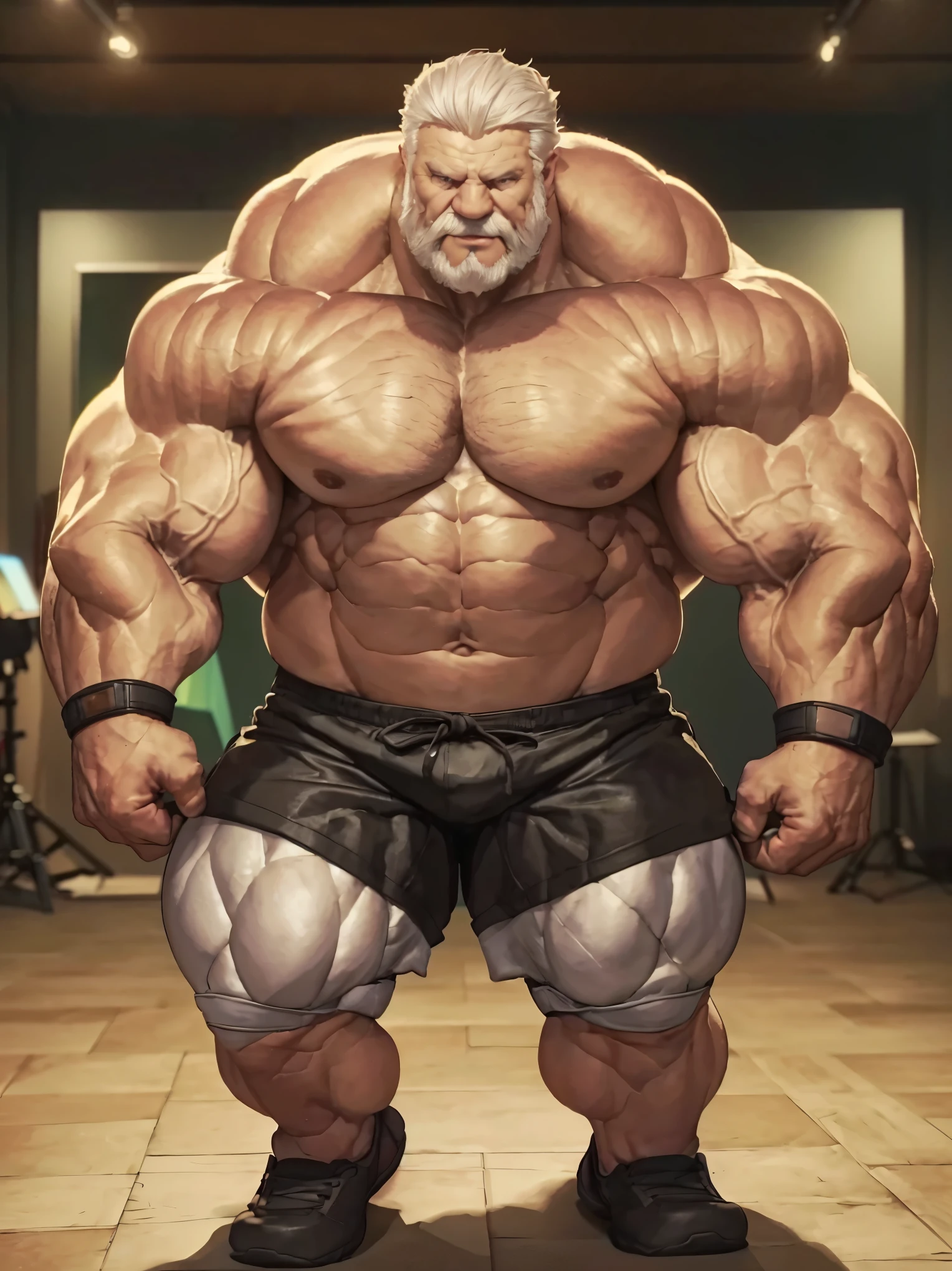 Wide medium shots, ground level camera shot, (best quality,4k,8k,highres,masterpiece:1.2),ultra-detailed,(realistic,photorealistic,photo-realistic:1.37),((massive muscular)) ((huge Muscular)) old man standing in photo studio, simple background, shorts , white hair, super thick arms, super big pectoral, super wide pectoral, topless, shirtless.