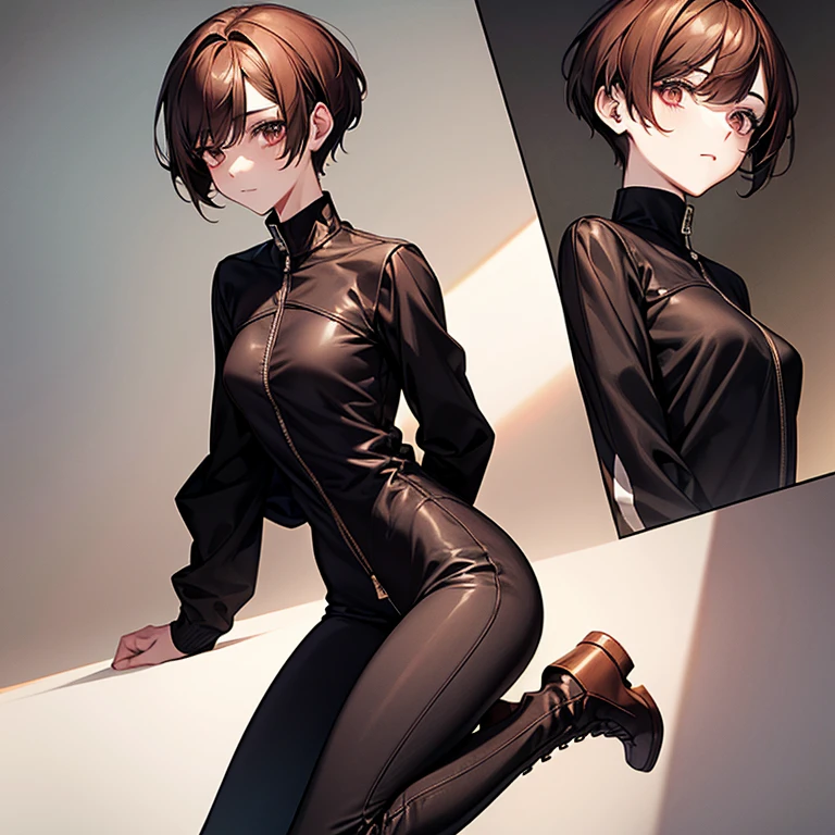masterpiece、Subtle details、Slender beauty、expensive、slim、I like that style、Small breasts、Sharp eyes、younger sister、Pixie Cut、Short nape、Oversized zip-up jacket、Tight skinny pants、platform boots、Reddish brown hair、
