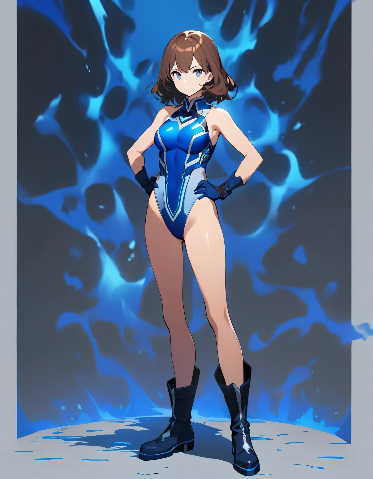1girl, solo, solo focus, female superhero, medium breasts, leotard, red and blue leotard, bare legs, boots, matching boots, gloves, matching gloves, brown hair, blue-grey eyes, standing straight, hands on hips, full body, body infused with blue aura, atom