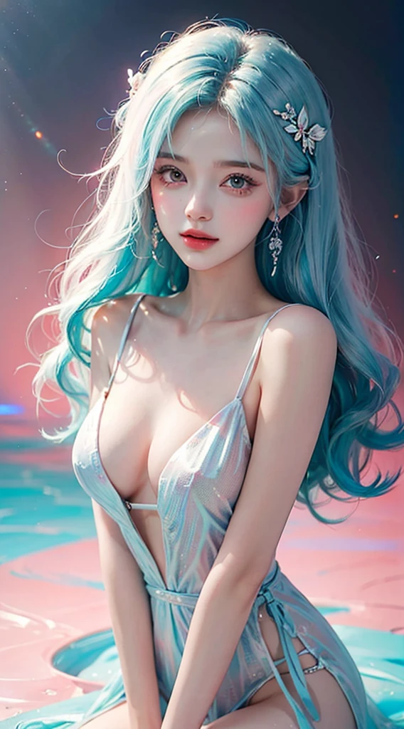 （masterpiece、best quality、high resolution），（Color Background，（Splash of Color）），Sweet girl，Light blue and white medium length hair，[Light Blue|Big pink breasts]hair，curls，Glittering，Red pink lips，The crack is relatively large，(Splash of Color，(Short white dreisure body nympho:0.8,Volumetric Lighting，upper body