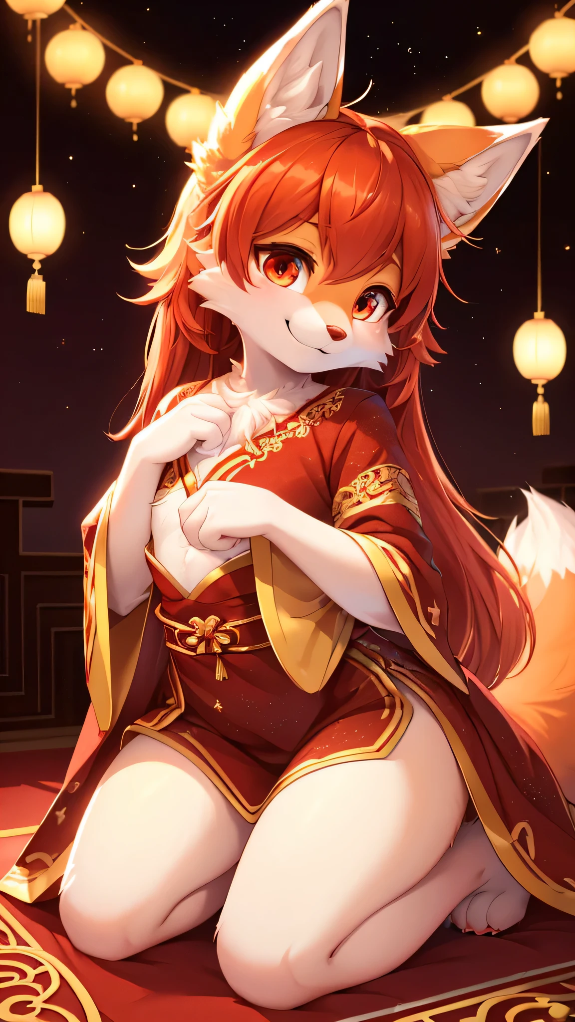 (best quality,4K,high resolution),Fluffy,White fur,Cute face,Red accents on fur,Chest,Beautiful Lights,Ambient Light,Extremely fine fur,Volumetric Lighting,fox,Chinese,Kneeling,Smile,Watching you,fox nose,paw,Paw pads,Sparkles on clothes,flame.