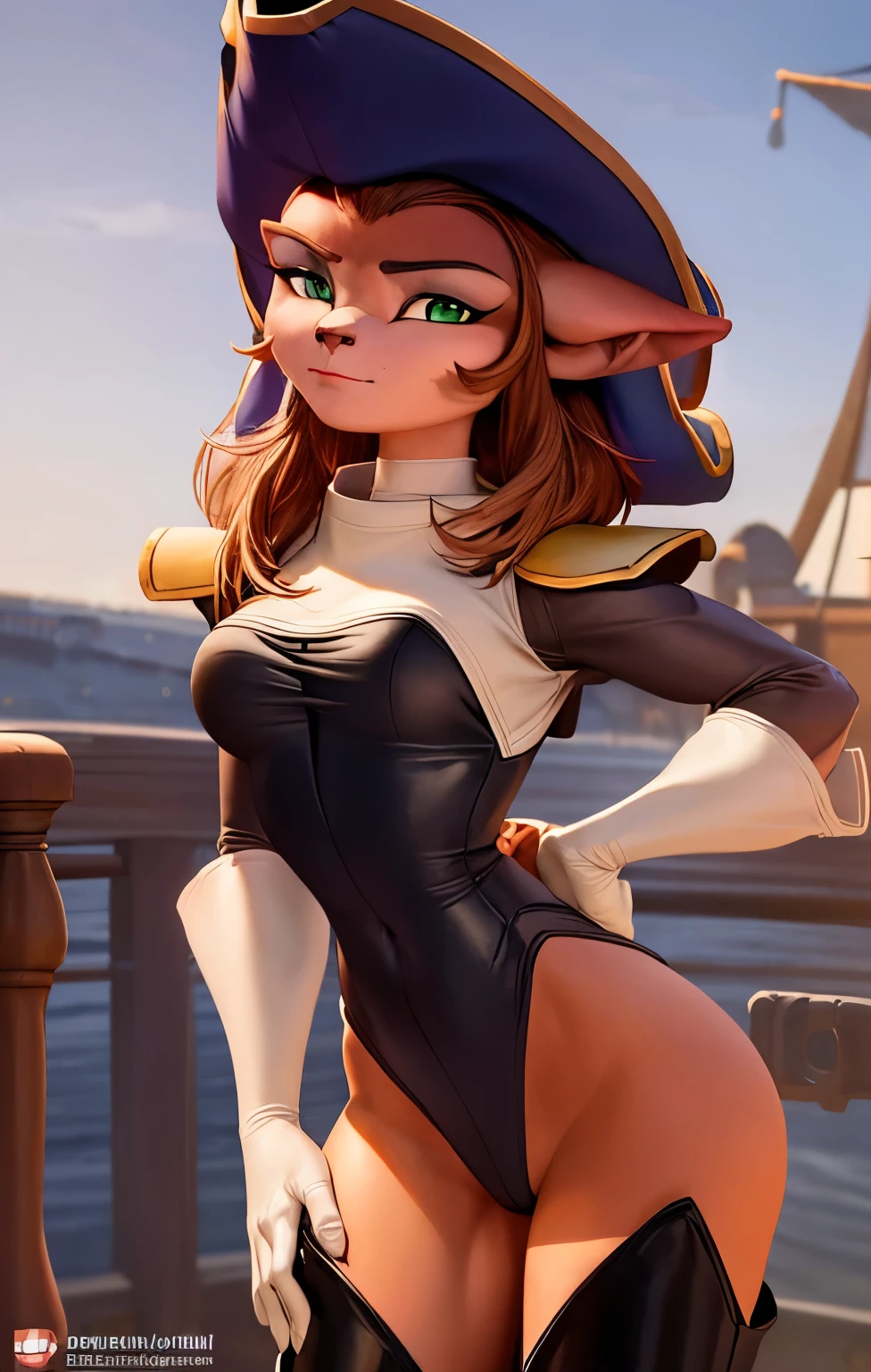 (best quality, masterpiece:1), furry female anthro captainamelia, brown nose, cat ears, body fur, clothed, hat, blue coat, pants, thigh boots, white gloves, green eyes, looking at viewer, closed mouth, lipstick, eyeshadow, white turtleneck, half-closed eyes, (wooden ship space sky background:1.0), pixar style, (natural proportions, realistic shapes:1.5)