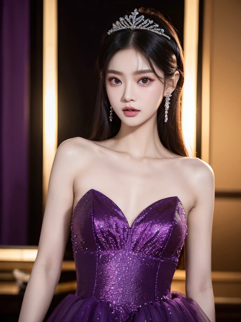 Araped woman wearing dark purple yellow dress, best face, chassis, blackpink jennie, Yanjun Chengt, Popular Korean Makeup, Exciting and cute aesthetics, Jinyoung Shin, Popular Korean Makeup, Inspired by Hwangji, Small tiara, Beautiful Angel Girl, official artwork, really beautiful and cute girl, laugh,  swarovski dress, sparkly dress, Short hair, tide