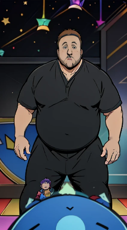 He is expressing himself to the public, gesturing with hands towards the viewer, ((((Kevin James Actor and Comedian Overview)))), (((A fat man electric giant character from the super Cell game Clash Royale)))