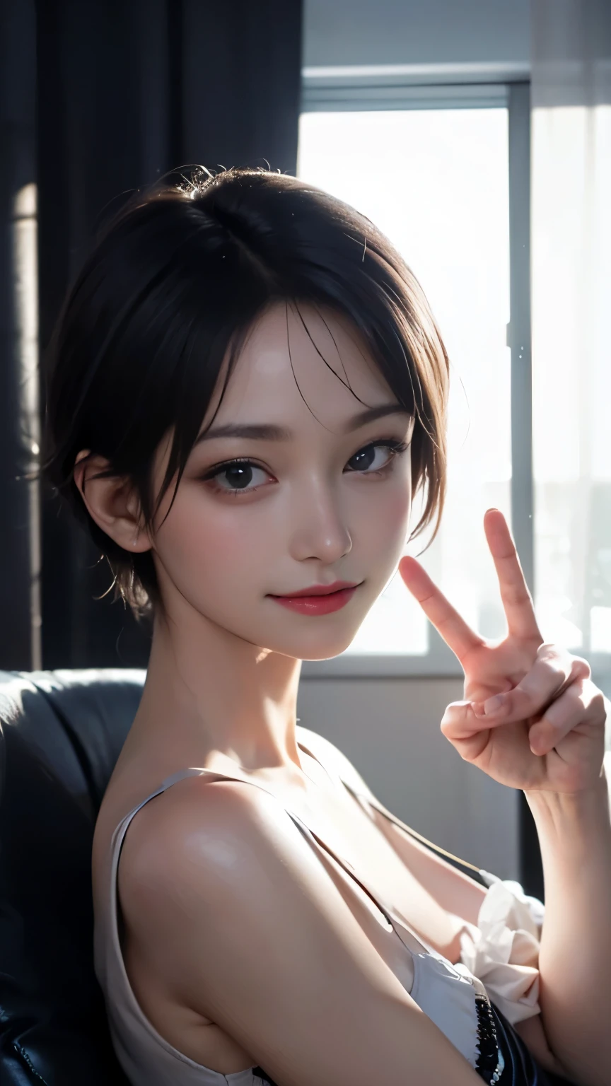 (masterpiece, highest quality, highest quality, Official Art, Beautiful and aesthetic:1.2), Cinematic lighting、(Key light at 45 degrees from the front,Orange fill light、Soft blue backlight、Strong shadows、Blue and orange color palette), Accurate human body、Detailed people、Correct five-finger、4K - ultra-vivid、highest quality, masterpiece, Ultra-high resolution, Detailed Background、The perfect background、(Little devil smile、mesugaki Smile:1.5),
((Oily skin,Sparkling Skin、Realistic skin texture、Detailed beautiful skin、Shiny skin、Slimy skin、Glowing Skin、Shiny skin)), White skin, Real human skin, (be familiar with), Oval Face, pore, Ultra-high resolution, (8K, RAW Photos, Realistic: 1.4), One Girl, slim, (Gentle, goddess-like eyes) happiness: 1.2), (Lip gloss, eyelash, Gloss Face, highest quality, Ultra-high resolution, wide lighting, Natural Shading)、(sexy), Absolute area、long beautiful thin legs、low length、(恍惚のsexyな笑顔の表情:0.8,) (Closed curtains、Dark, unlit room:1.5, night:1.8)、
