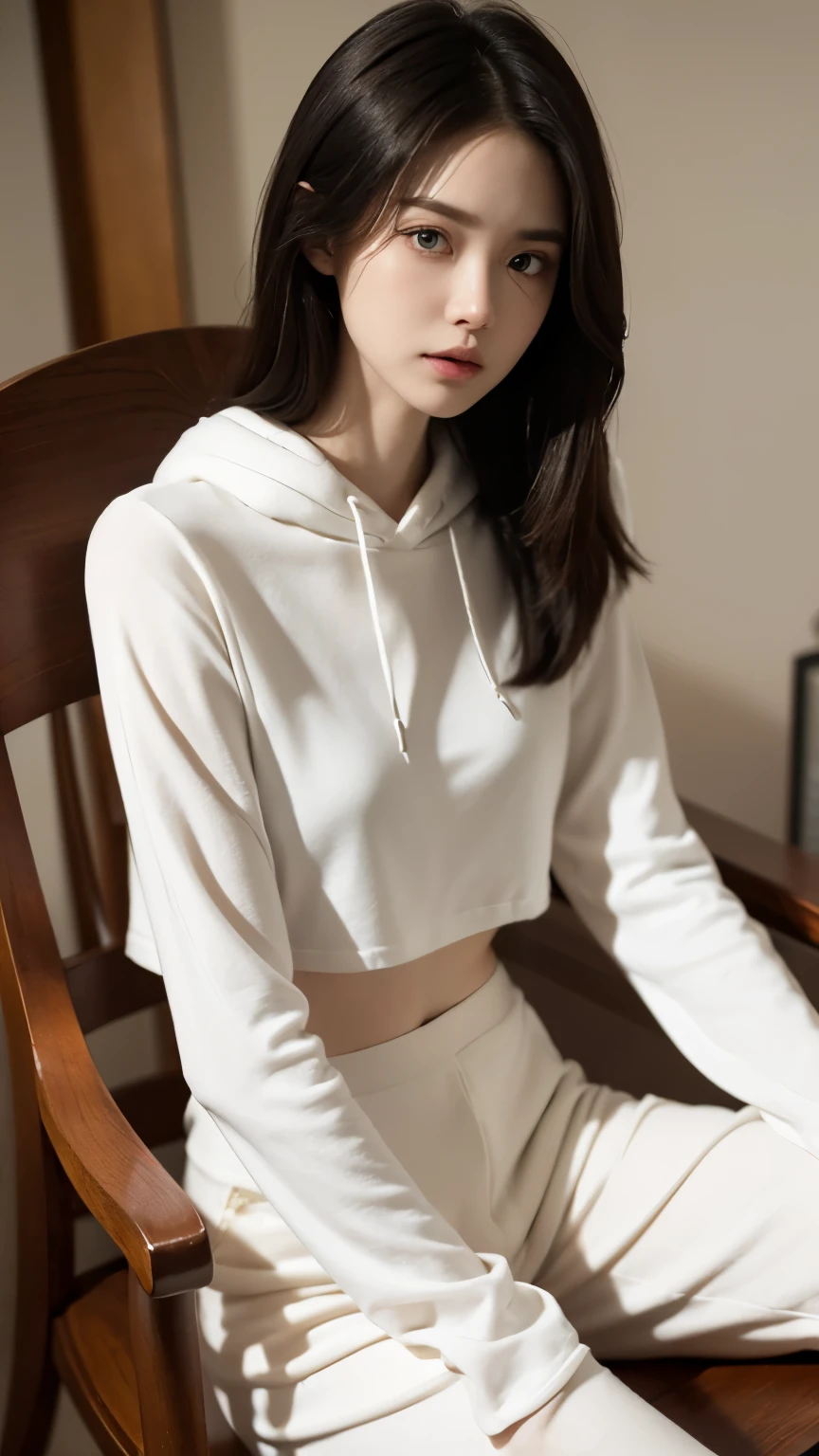 (Photorealistic),(Masterpiece),(ultra-detailed),a close shot of very beautiful and tall but so delicate and weak and thin and fragile and slender because she hasn’t eaten for a month,wearing a loose crop hoodie and loose sweat pants ,have absolutely no fat or muscles, quite tall but very small and feeble and fragile body frame and figure,enduring extreme hunger,big eyes and very small face,about to faint but resisting,extremely severely malnourished,trying to stay positive,legs and waist thin as arms,hunger in eyes, sitting on a chair,can see all her bones