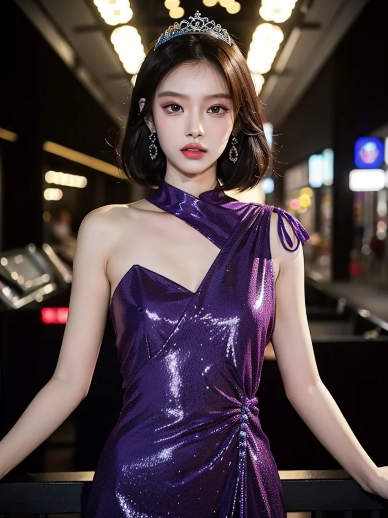 Tzuyu 1, woman, (realistic), (hyper realism), (photorealistic), Depth of the bounds written, eye make up:0.9, (whole body:1.2), (tight waist), looking at the viewer,at the racing track, lace queen, Sexy dress with open shoulders and chest
