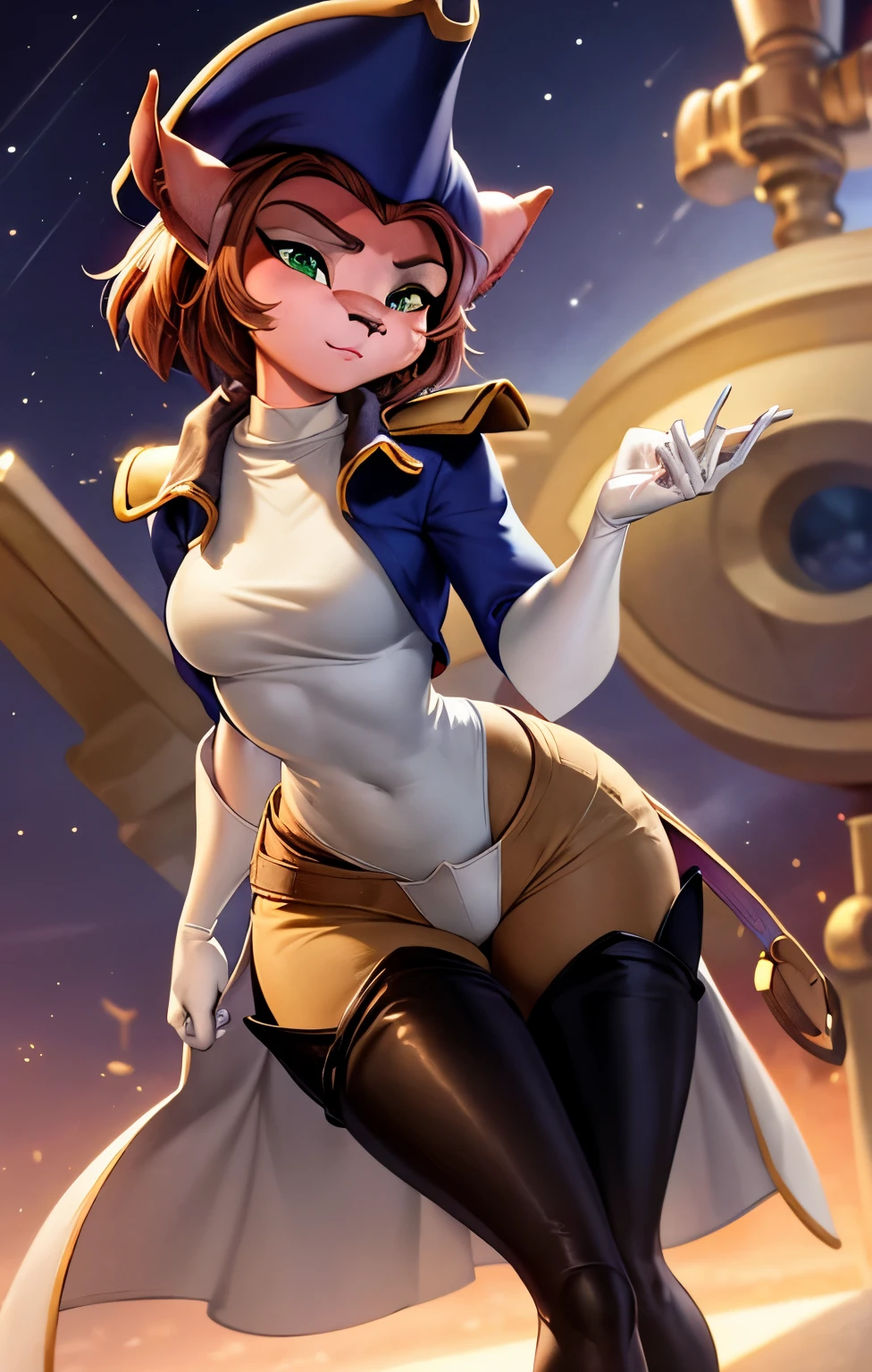 (best quality, masterpiece:1), furry female anthro captainamelia, brown nose, cat ears, body fur, clothed, hat, blue coat, pants, thigh boots, white gloves, green eyes, looking at viewer, closed mouth, lipstick, eyeshadow, white turtleneck, half-closed eyes, (wooden ship space sky background:1.0), pixar style,