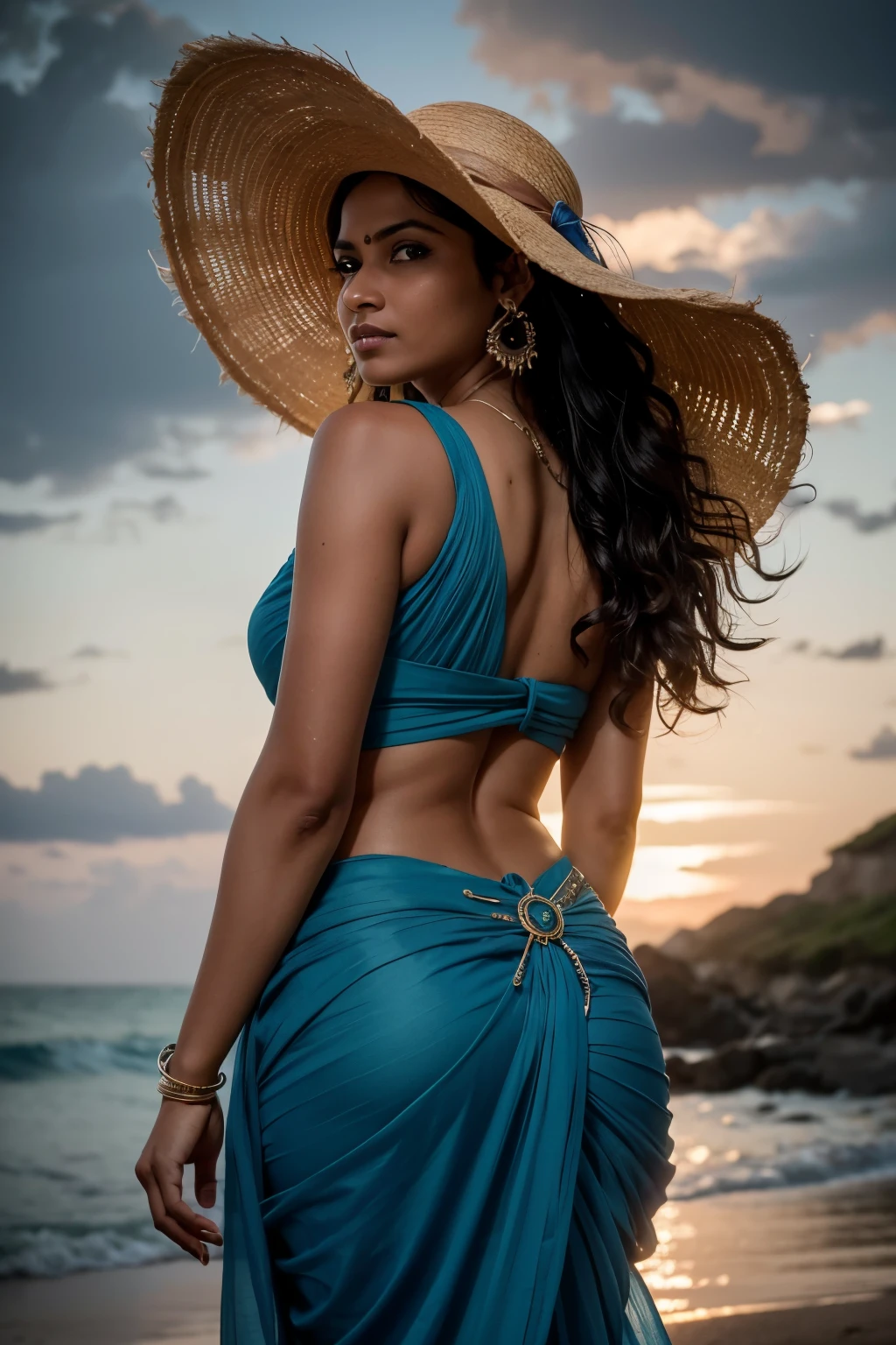 RAW, High Definition: 1.5), Indian Woman in Pirate's Straw Hat, Half Portrait, Back View, Gazing at Darkened Sea and Other Pirate Ships,
Realistic, HD: 1.5, Indian woman wearing pirate's straw hat, half portrait from the back, intently looking at the darkened sea with other pirate ships in the distance,
Sky: Half-dark clouds in the foreground, far away, a sliver of blue sky slowly lighting up,
Detailed depiction: Indian woman's flowing saree billowing gently in the wind, a golden hoop earring glinting in the dim light, a silver b