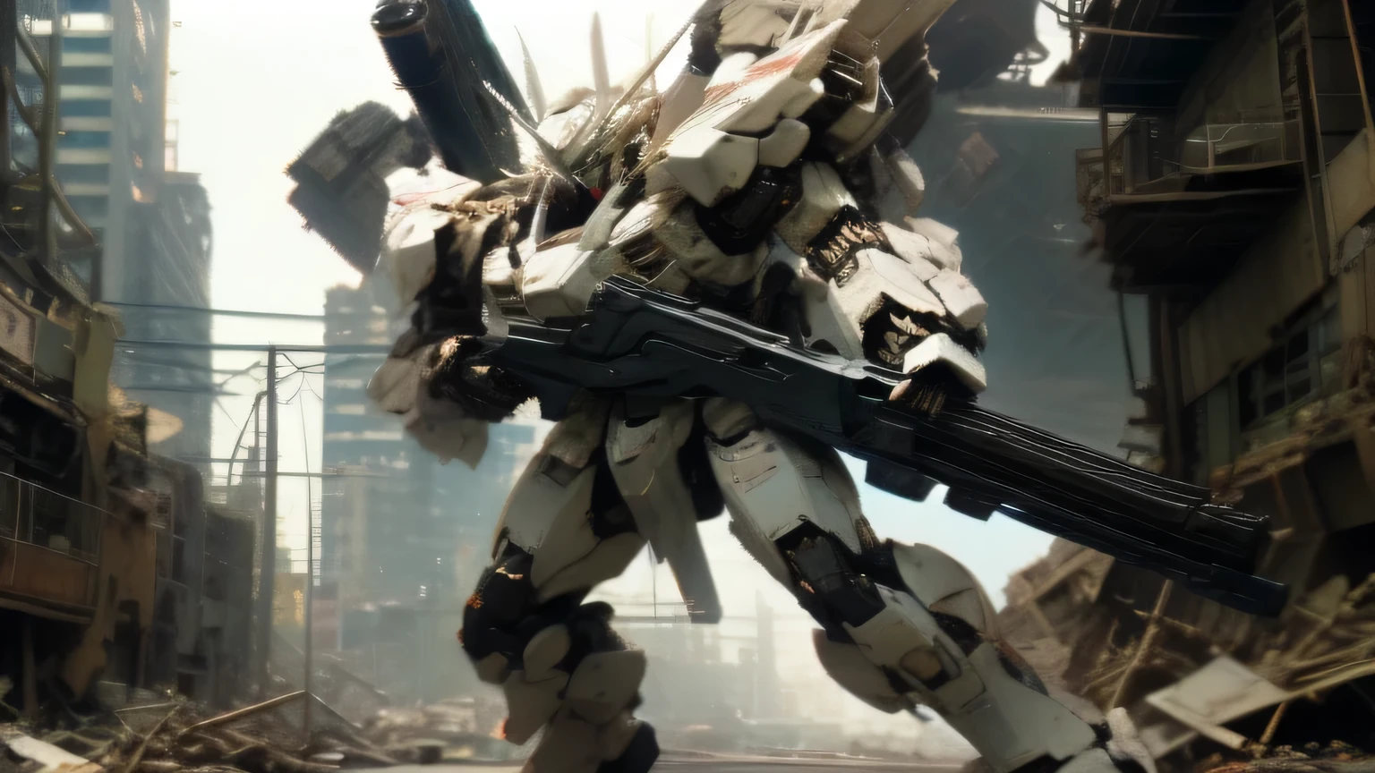 1 white mecha, holding a rifle, shoot continuously forward, Run in the ruined city,anime, 4k, full hd
