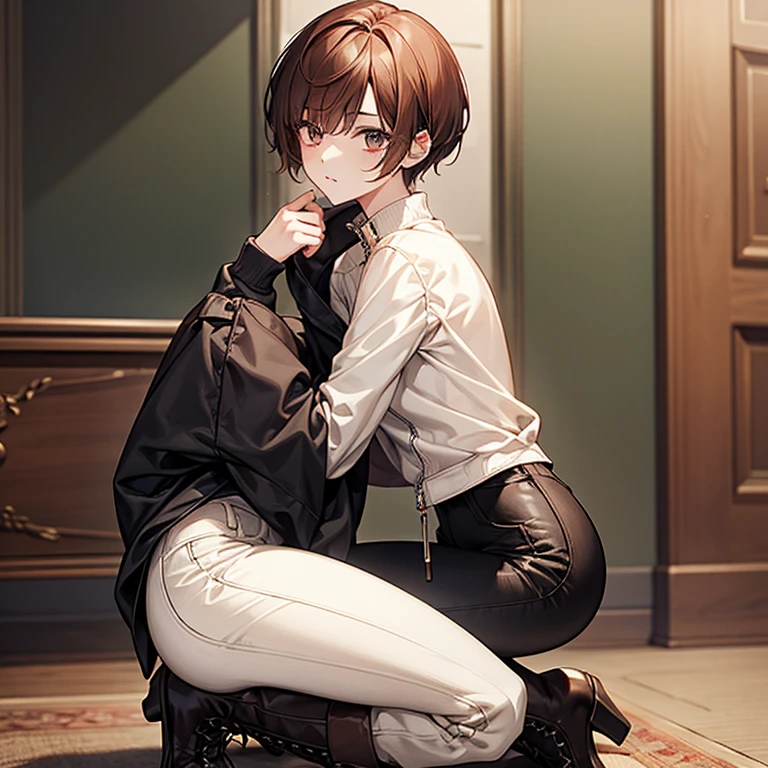 masterpiece、Subtle details、Slender beauty、expensive、slim、I like that style、Small breasts、Sharp eyes、younger sister、Pixie Cut、Short nape、Oversized zip-up jacket、Tight skinny pants、platform boots、Reddish brown hair、