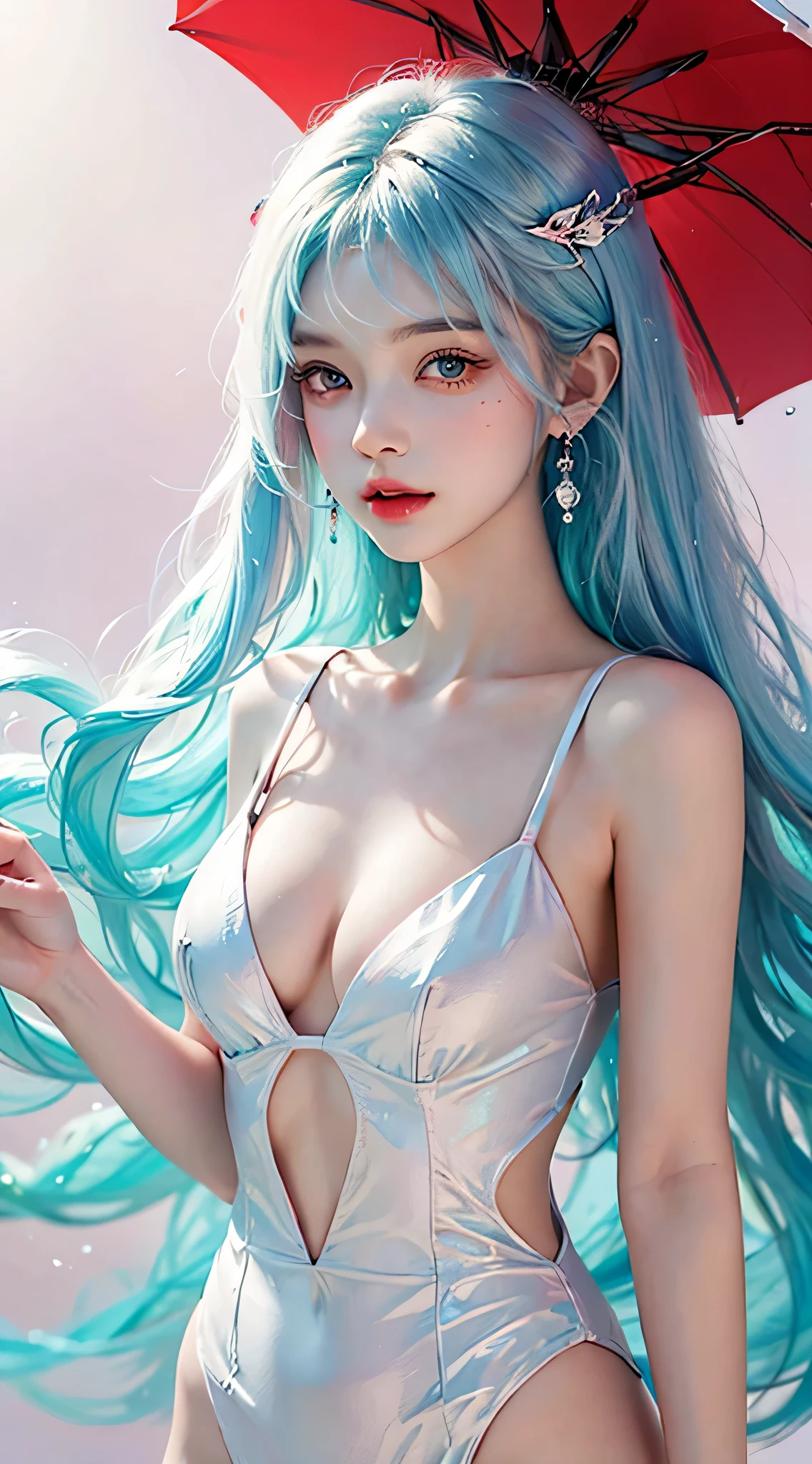 （masterpiece、best quality、high resolution），（Color Background，（Splash of Color）），Sweet girl，Light blue and white medium length hair，[Light Blue|Big pink breasts]hair，curls，Glittering，Red pink lips，The crack is relatively large，(Splash of Color，(Short white dreisure body nympho:0.8,Volumetric Lighting，upper body