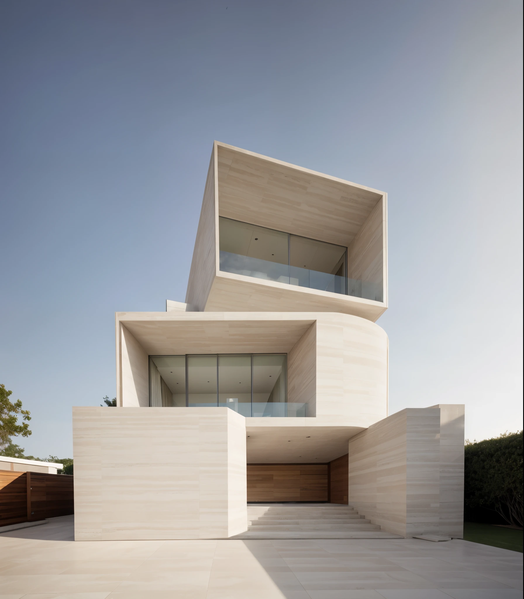 sunrise, in the city, exterior of house, Bauhaus design, Travertine mix with limestone, (realistic:1.2), Raw photo,Masterpiece, high quality, best quality, authentic, super detail,