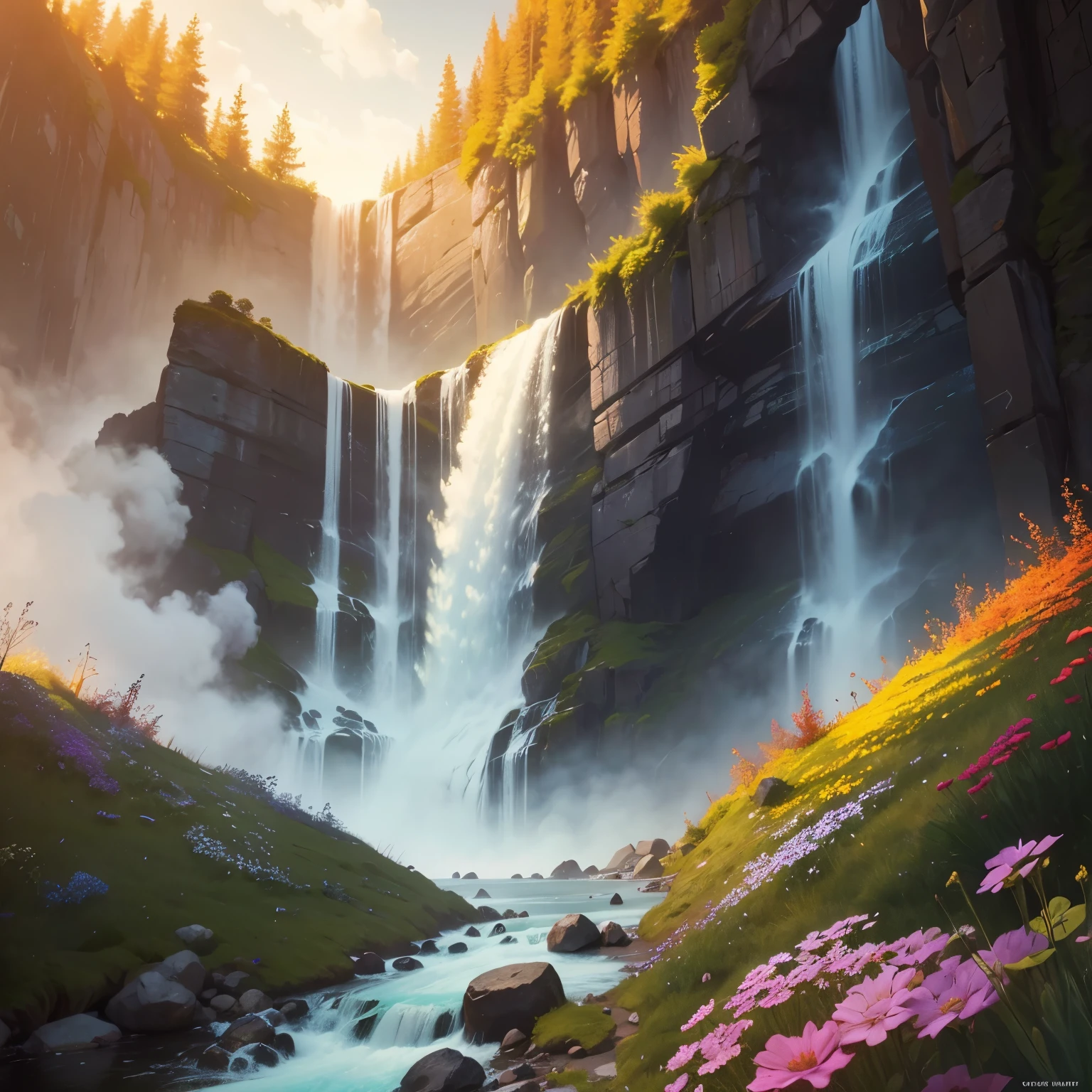 generate aesthetic artistic images that show the beauty of nature with flowers and waterfalls in the shades of glowing colours
