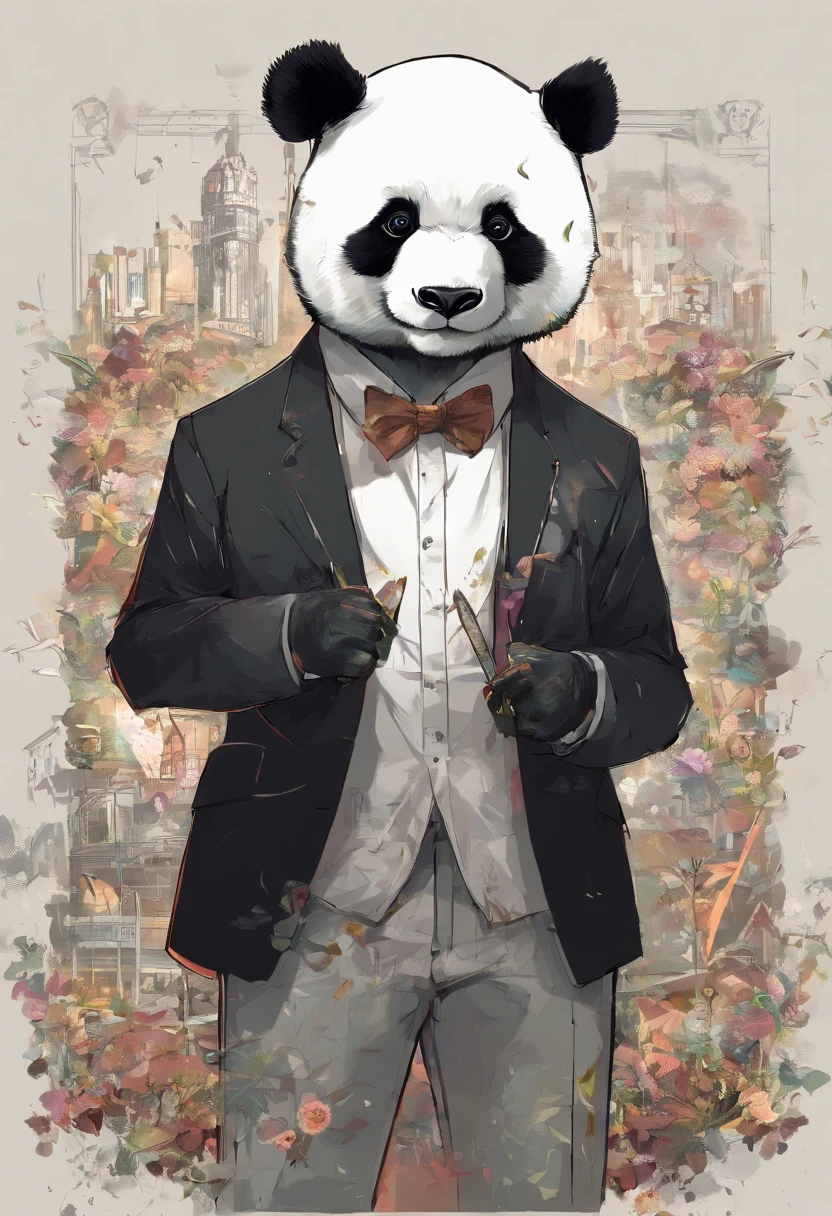 anthropomorphic panda, de cuerpo entero, vestido formalmente con un blazer, sostiene una bandeja, pegatina de panda, sticker de panda.