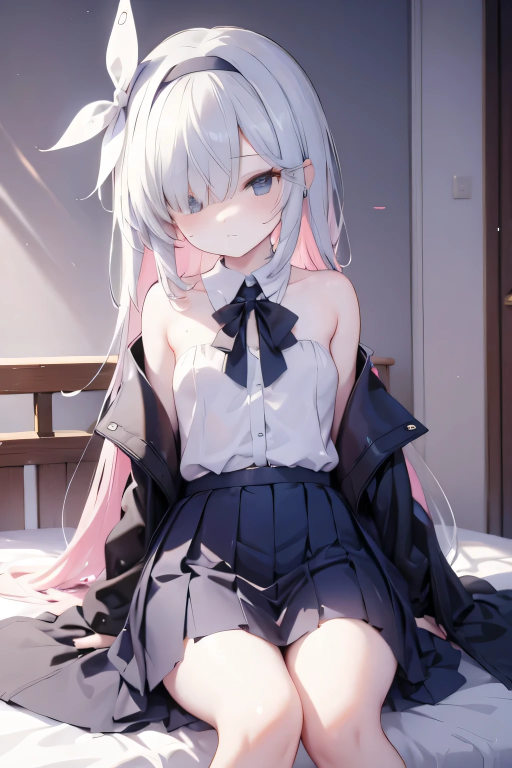 arona (blue archive), pantyhose, pleated skirt, hairband, black skirt, hair over one eye, 8k resolutions, realistic eyes, sit pose, bedroom, masterpiece