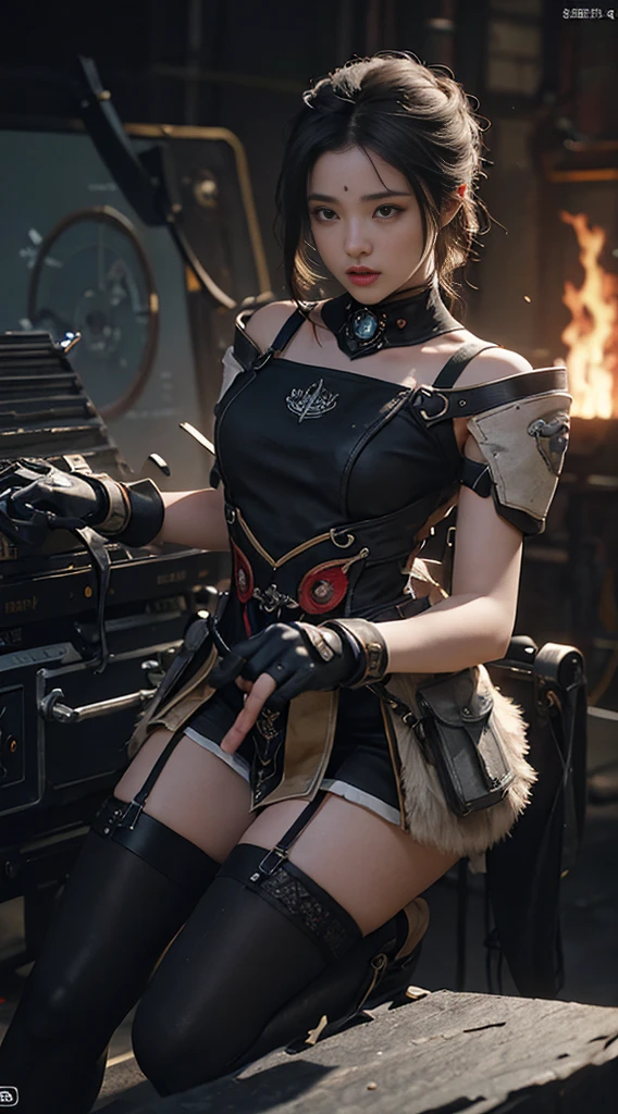 (((masterpiece, top quality, ultra detailed))), (((ultra photo-realistic 3D))), (((dramatic leap in overall accuracy, producing ultra detailed and realistic images))), complex machine j gimmick female android, Dynamic combat action poses, A fusion of very complex mechanical steampunk fashion and overly decorated Gothic ta fashion, Off the shoulders, Fluttering flare mini skirt, Complex mechanical temple steampunk headgear, Very large eyes, very long eyelashes, Black hair blown in the wind, very long thin arms, Complex mechanical gloves, very long thin legs, Complex mechanical over-the-knee stockings, Mandala, Lots of neon gras are crossed and scattered, Have a huge weapon with very complex mechanical devices, A highly complex machine shop surrounded by flames, Very dark night background, Very dramatic and cinematic lighting, (High dynamic range), Ray tracing, NVIDIA RTX, Super Resolution, Unreal 5, Subsurface scattering, PBR Texturing, Post-processing, Anisotropy Filtering, depth of fields, Maximum clarity and sharpness, Multilayer textures, Albedo and specular maps, Surface Shading, Precise simulated light material interactions, Perfect proportions, Octane Rendering, Two-tone lighting, Wide aperture, Low ISO, White Balance, thirds rule, 16K RAW,