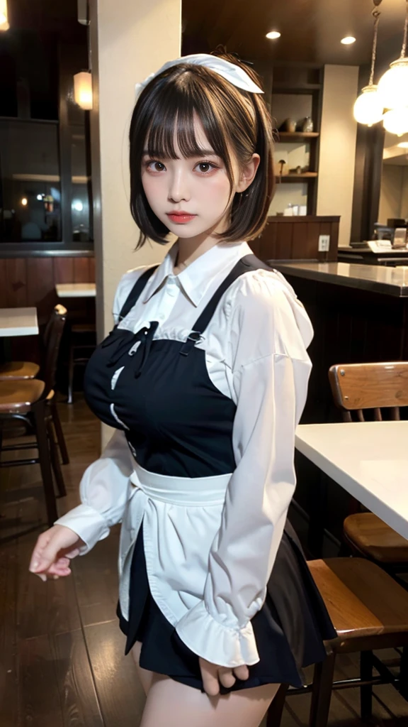 muste piece, best quality, illustration, Super detailed, fine details, High resolution, 8K,wall paper, perfect dynamic composition,(Details High quality, realistic depiction of eyes:1.3), waitress uniform, restaurant, ?????????????, short bob hair、black hair color, Big Natural Color Lip, bold ???? pose, crying a little、cold gaze, Harajuku style、20 year old girl、cute type、lolita、beautiful legs, gravure idol, Voluptuous thighs