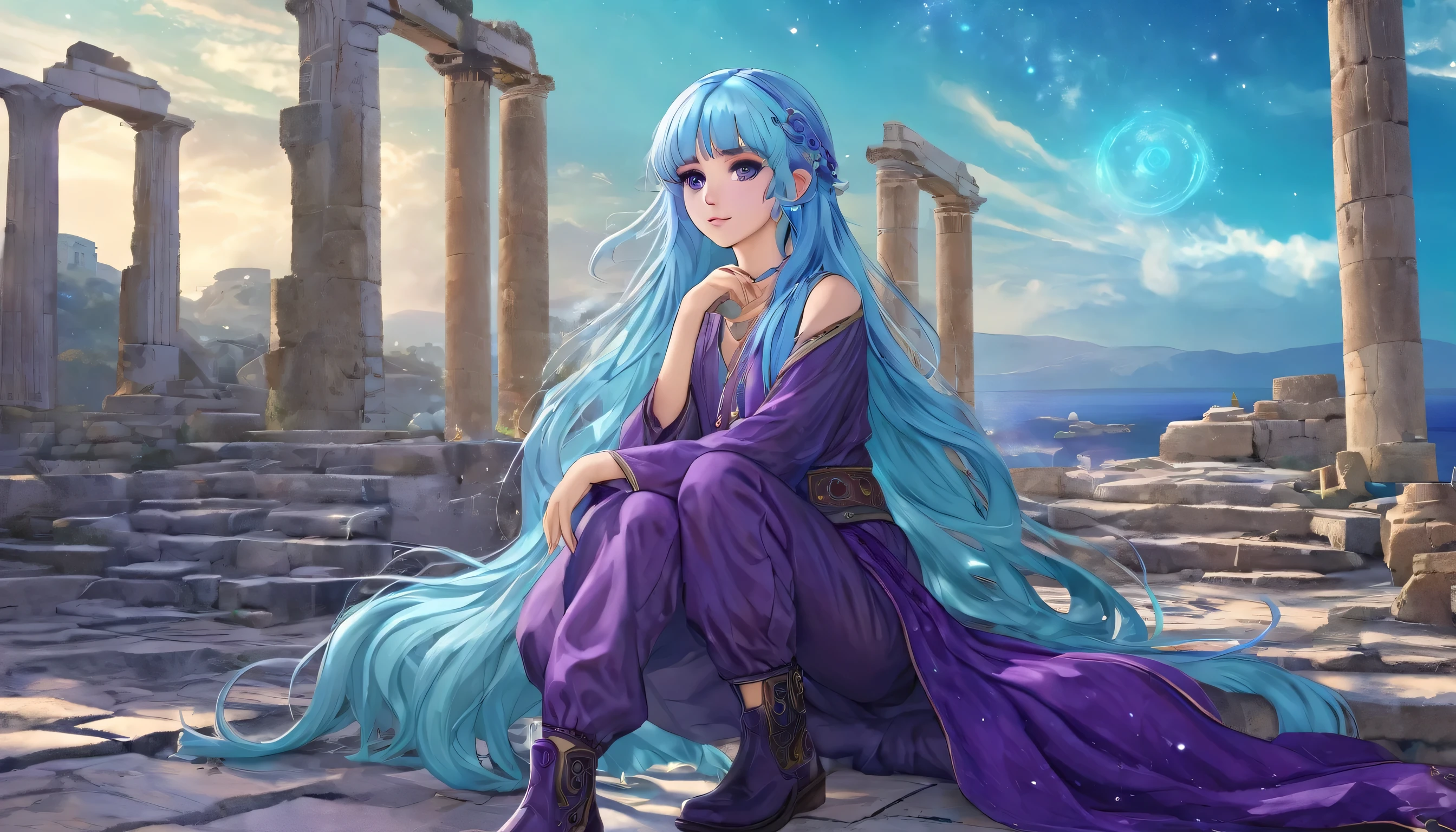 Masterpiece. High-resolution. 1girl about 20 years old. Pretty beautiful girl. Pretty big purple eyes. Delicate face. (((Long light blue hair))). Straight hair. Messy hair. Hair bangs. Turquoise tunic. Purple tide pants. Leather boots. Greek ruins background with cosmic Sky.