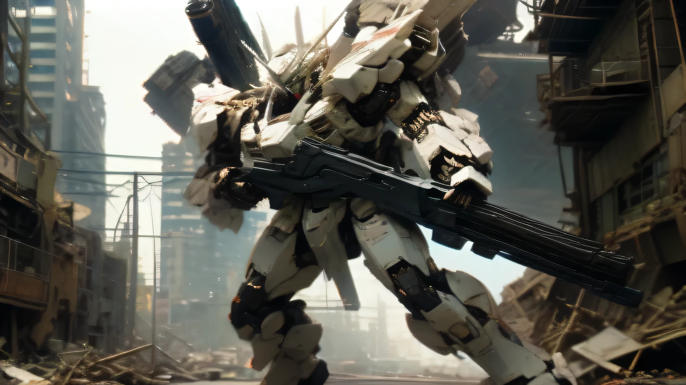 1 white mecha, holding a rifle, shoot continuously forward, Run in the ruined city,anime, 4k, full hd