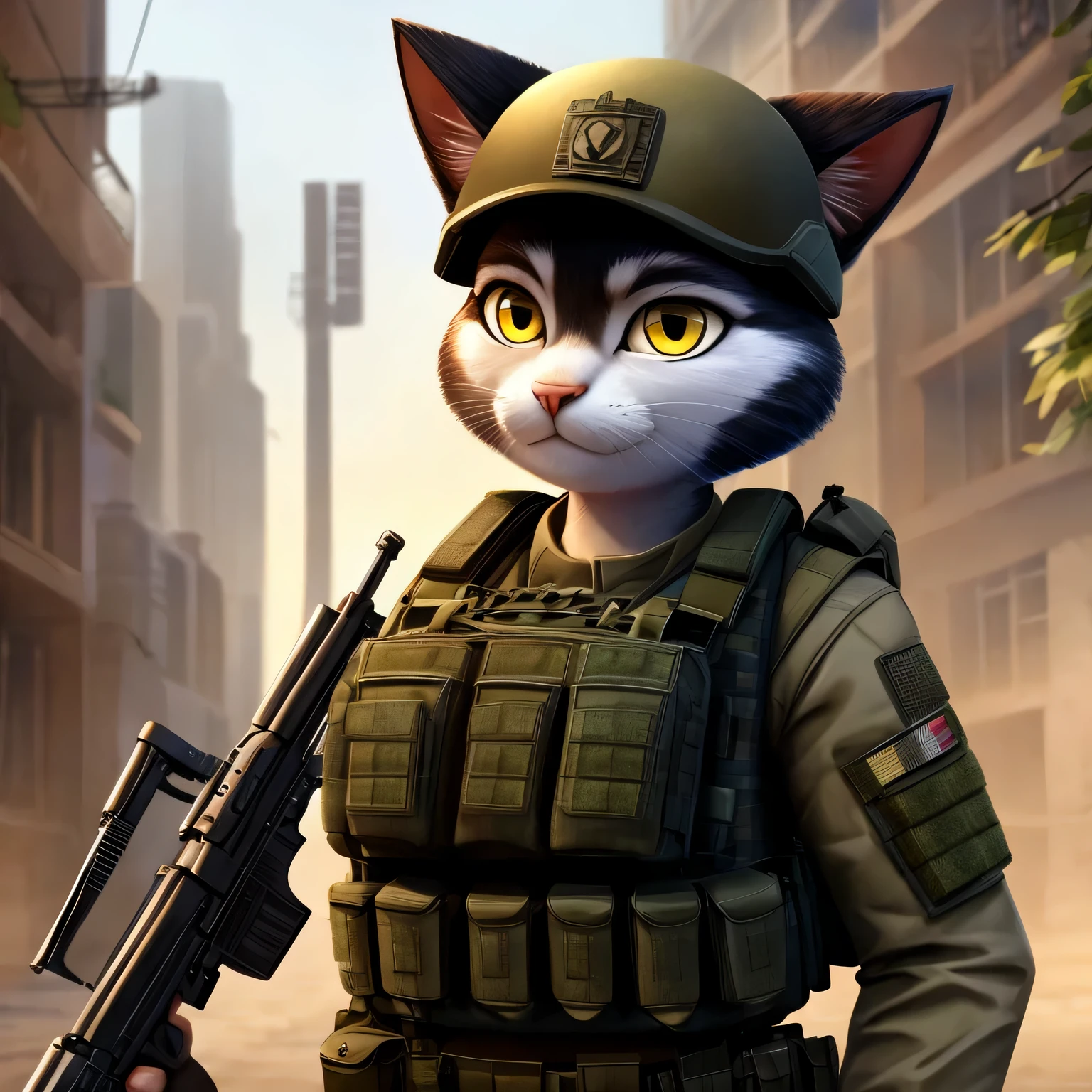 Furry cat, female, beautiful, cute, attractive face, black fur, yellow eyes, tall, big busts, curvy body, slim build, wearing military uniform, bulletproof vest, tactical shotgun, Pixar style