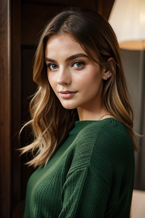 1Girl 25 years old, nur, Lange Haare, midsize , Blick auf den Betrachter, blondes Haar, nackte Schultern, braune Augen, Schmuck, full entire body, Halskette, schulterfrei, pullover, lips, realistisch, Nase, Flirten mit der Kamera