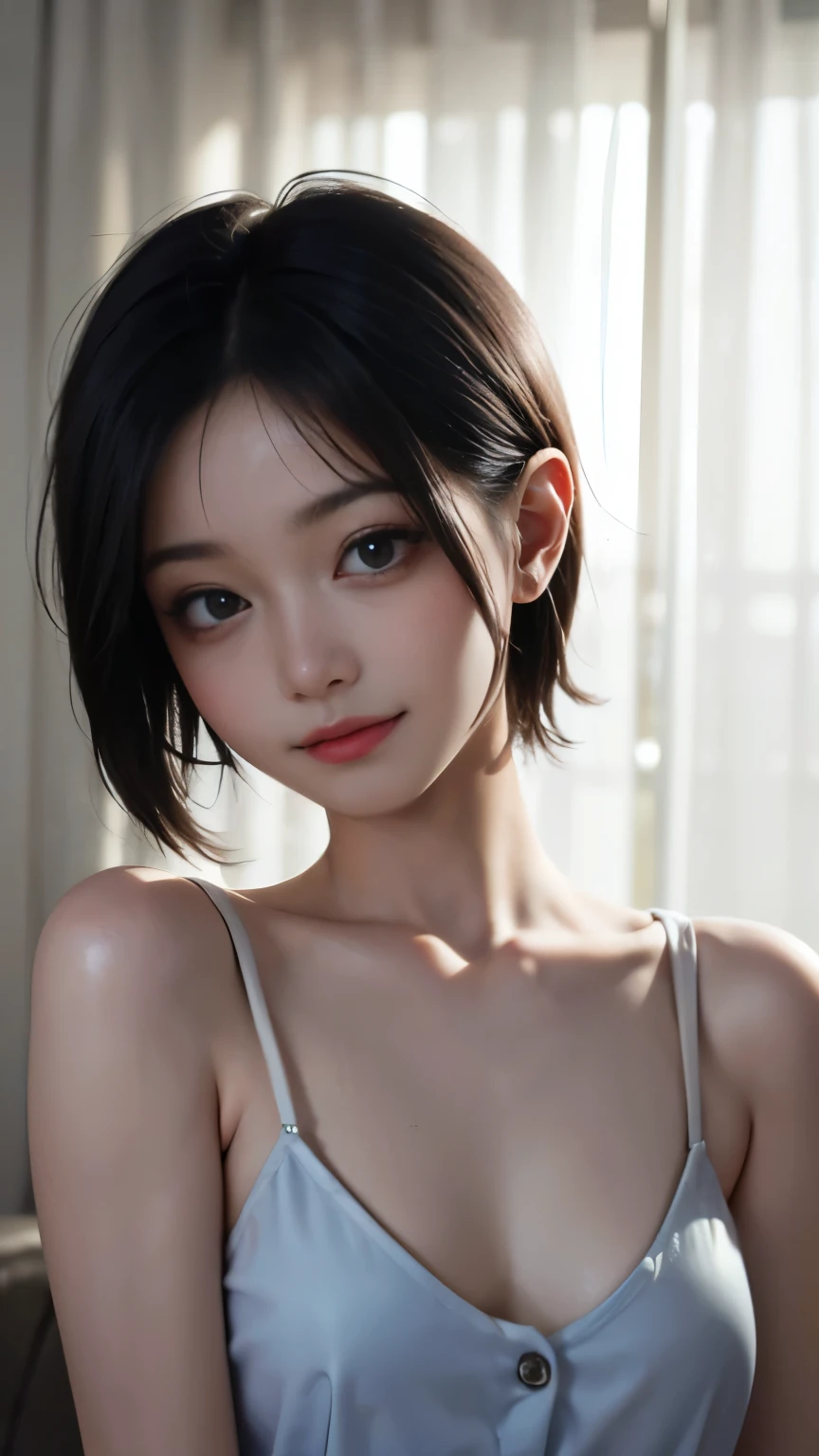 (masterpiece:1.3), (8k, photorealistic, RAW photo, best quality: 1.4), (1girl), beautiful face, (realistic face), (black hair, short hair:1.3), beautiful hairstyle, realistic eyes, beautiful detailed eyes, (realistic skin), beautiful skin, (sweater), absurdres, attractive, ultra high res, ultra realistic, highly detailed, golden ratio