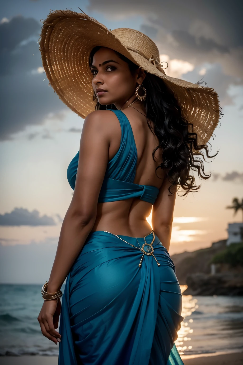 RAW, High Definition: 1.5), Indian Woman in Pirate's Straw Hat, Half Portrait, Back View, Gazing at Darkened Sea and Other Pirate Ships,
Realistic, HD: 1.5, Indian woman wearing pirate's straw hat, half portrait from the back, intently looking at the darkened sea with other pirate ships in the distance,
Sky: Half-dark clouds in the foreground, far away, a sliver of blue sky slowly lighting up,
Detailed depiction: Indian woman's flowing saree billowing gently in the wind, a golden hoop earring glinting in the dim light, a silver b