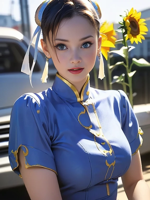 (best quality, 8k, highres, photorealistic:2.0), (solo, one girl:2.0),(photo taken using flash:1.9),(brighten up women:1.8),(ultimate beautiful girl:2.0),(shiny skin),(oily skin),(blonde hair:1.7),(short hairstyle:1.5),(cool beauty:2.0),Blush brown makeup , dark eye makeup , use pink glossy lipstick,(big beady eyes girl:1.5),(droopy-eyes girl:1.5),(blue eyes:1.5),(thin girl:1.5),(baby face girl:1.5),(sex appeal:1.3),(sweet smelling girl),(she works for low wages:1.5),(kind-hearted woman:1.5),(she has a nice smile),(woman with a happy look:1.3),(she is very sociable),(from a very poor family:1.5),(virgin girl),(She is a secret pervert.),(she covertly lewd),(she looks so erotic),(Preserve virginity for devout Christians),chuuChloe,(woman with very soft breasts),(woman fantasizing about sex:1.3),(allurement),(impressive eyes:1.5),(clean girl),(affability),(cute smile),(good personality),(puff out chest),(serious personality),(wants sex),(want to masturbate),(want to have sex forcibly),(insists on the chest),(Big nipples hard erect inside clothes:1.1),(relaxing time),(hair ornaments),(sunflower),(Private room),(compassion),(impurity),(love filled),(Changing clothes),(get horny:1.5),(Street Fighter Chun-Li Costume Play:1.5)