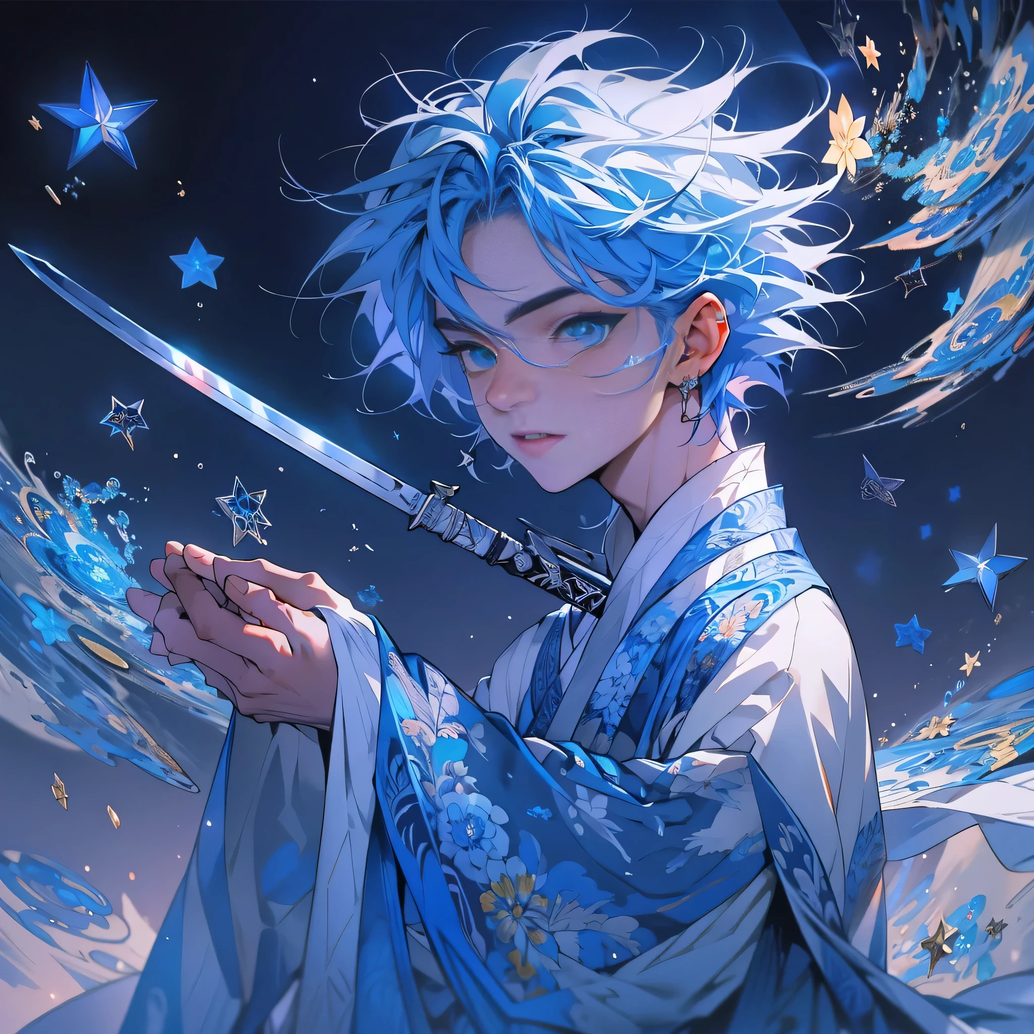 Tall and handsome little boy with blue hair and blue eyes，Stand on the edge of the dream space, Holding a blue and white knife，Eyes glow, blue hanfu, Surreal scenes full of various skill symbols and patterns, ,Star Art Troupe, 32k, best quality, masterpiece, Super Detail, High Detail,