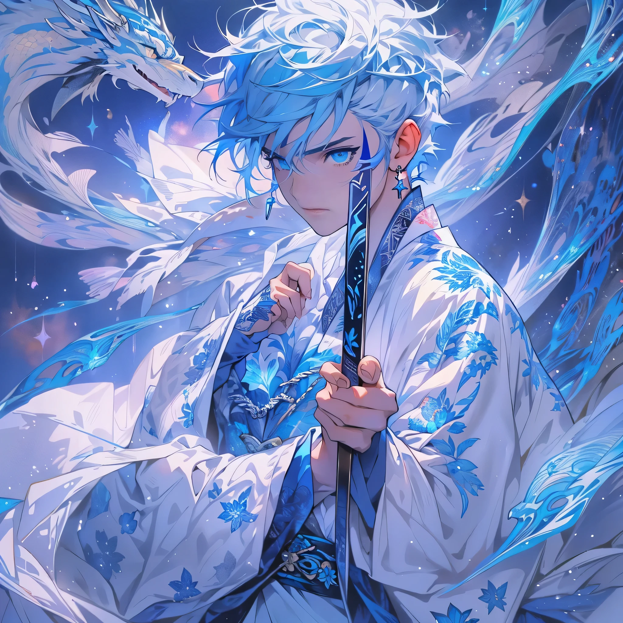 Tall and handsome little boy with blue hair and blue eyes，Stand on the edge of the dream space, Holding a blue and white knife，Eyes glow, blue hanfu, Surreal scenes full of various skill symbols and patterns, ,Star Art Troupe, 32k, best quality, masterpiece, Super Detail, High Detail,