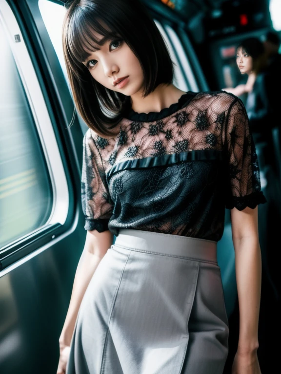 非常にdetailed, thorough solution, 非常にdetailedな美しい女の子, 非常にdetailed face, (Very beautiful eyes:1.8), the nose has the correct shape., expressive lips, (Movie Scenes,Fantasy art,最high quality,high quality,High resolution,high qualityの質感,Attention to detail,Beautiful details,detailed,非常にdetailedなCG,detailedテクスチャー,Realistic facial expressions), Tokyo Metro、subway、in the train、水平Sheet、Sheet、Please sit down、View from above、非常にdetailedな肌,curve,(Covered nipples:0.8),Beautiful breasts,Small breasts,Pale skin,Pointed Chest,Erect nipples,(very thin hair),(Very soft hair),(Straight Short Hair),Very light coppery amber hair,very thin body,Smart abs,(gray long skirt:1.5), Open chest, Center of chest, Shiny , ((See through、Black lace blouse :1.3)) 、((full body shot)), (Camera angle from the ground:1.8)、(Black high heels:1.2)